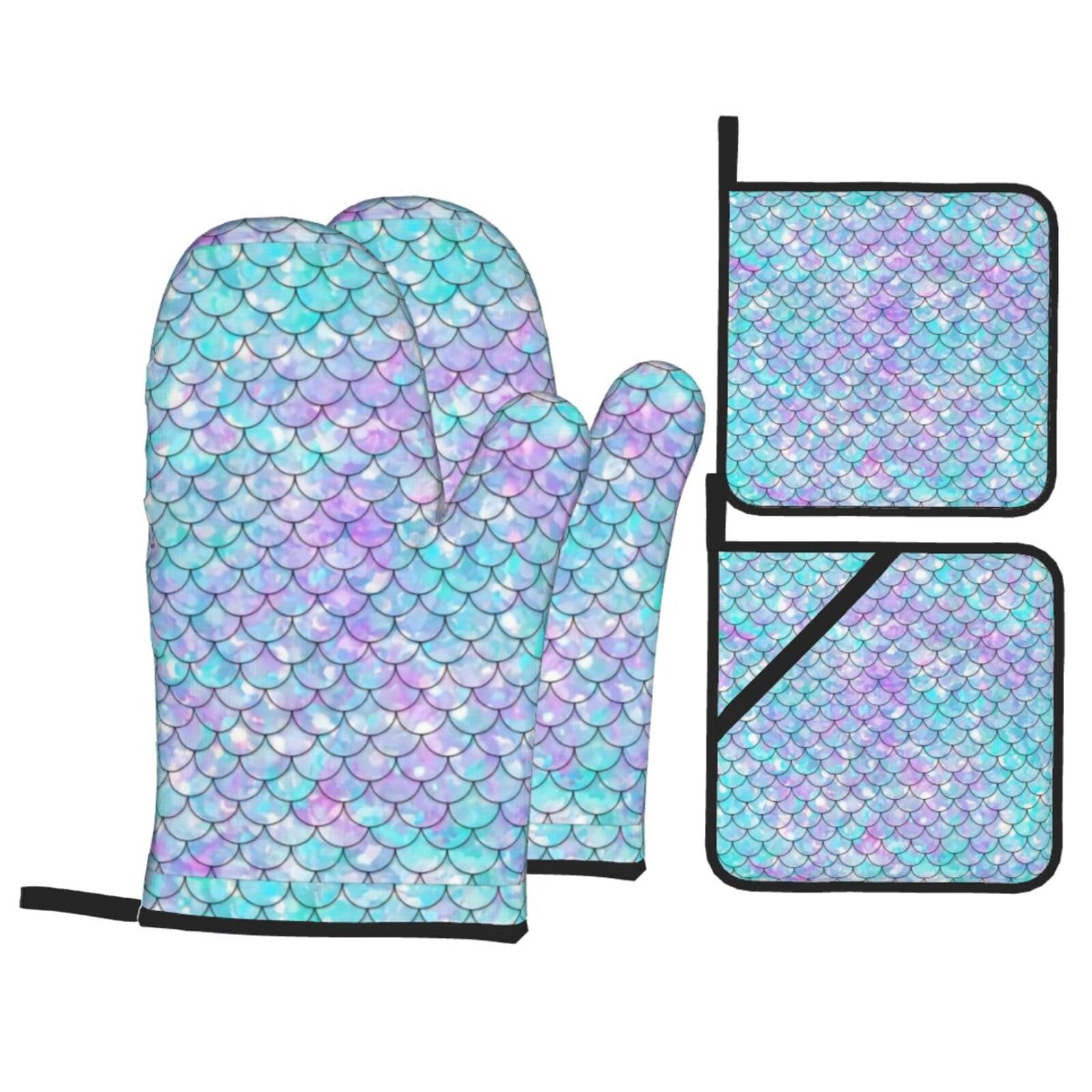 YYHHAOFA Mermaids Prints Kitchen Baking Set with Heat Resistant Pot Holders & Oven Mitts - Waterproof Layers for Cooking, Grilling & Serving, Includes Pocket Layer