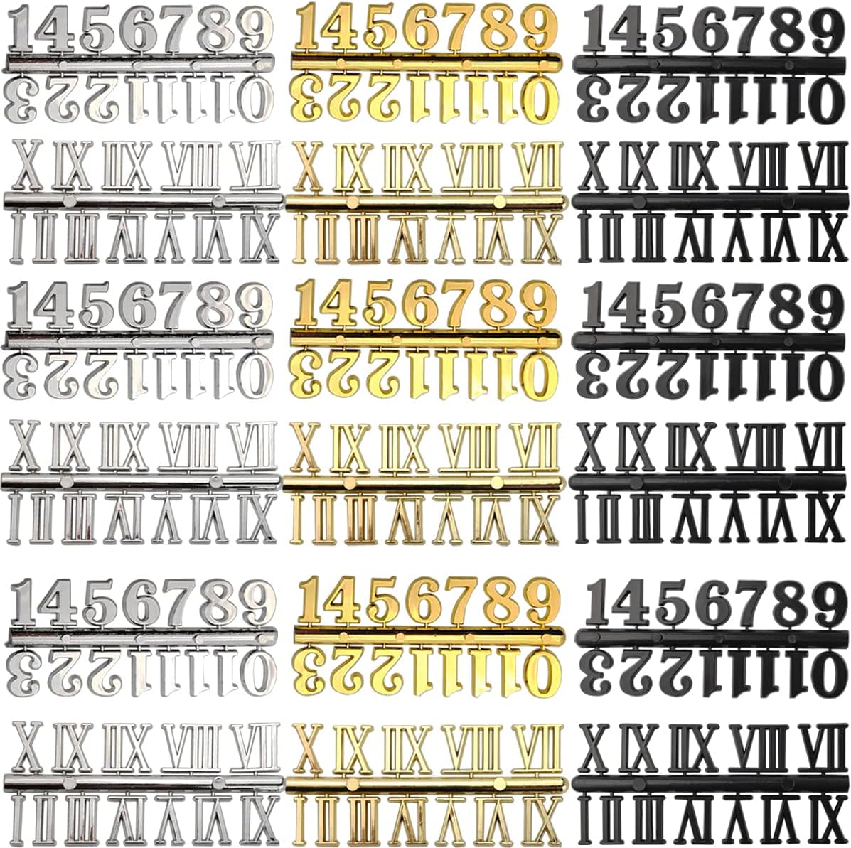 GXXMEI 18Sets Clock Numerals Kit Including Arabic Number and Roman Number DIY Digital Clock Numbers for Design Replacement Repairing Clock Accessories (Gold, Silver, Black)