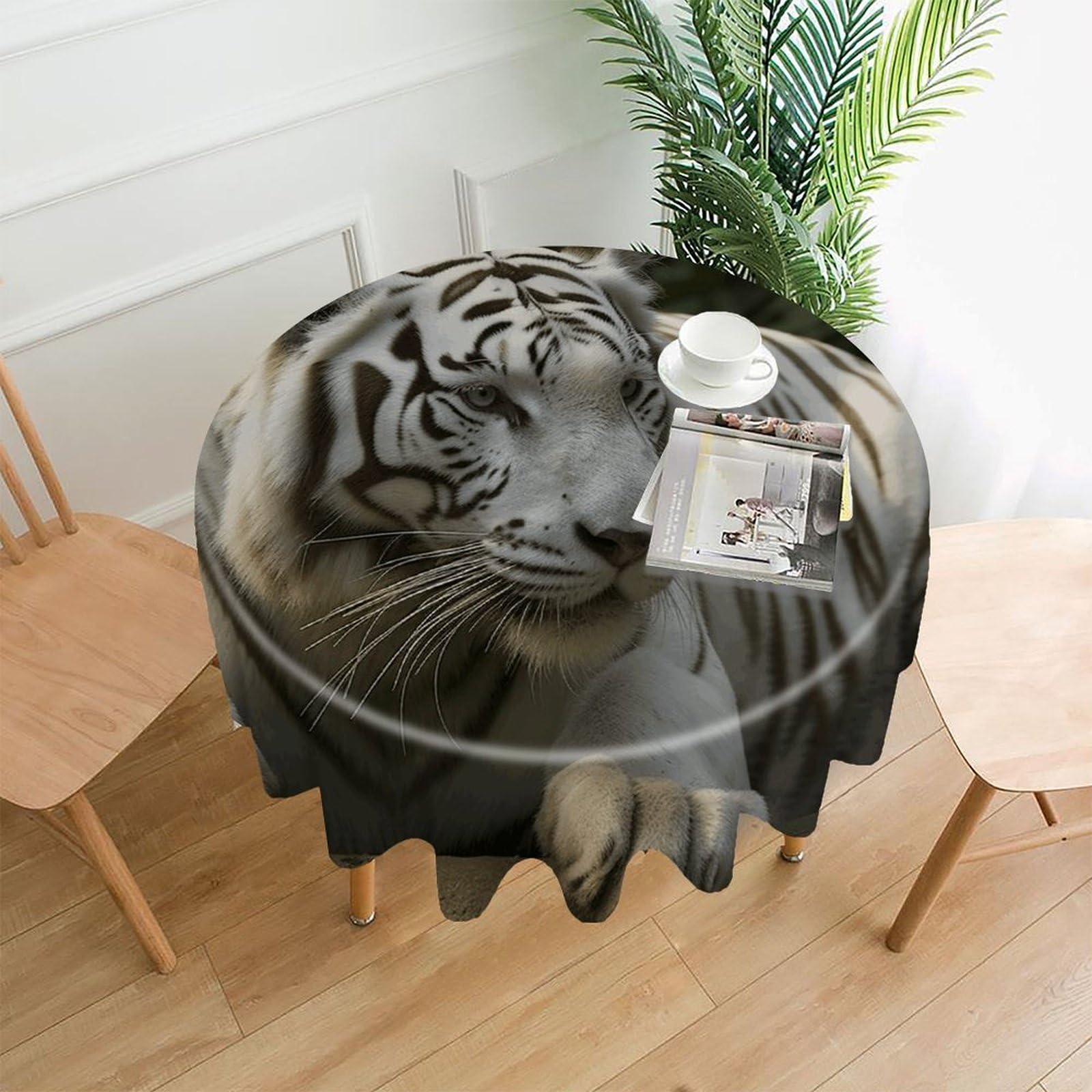VstaDank White Bengal Tiger Tablecloth Easy to Clean Polyester Round Table Cover Washable Round Table Cloth Wrinkle-Free Circle Decoration Tablecloth for Kitchen Dining Room 60"