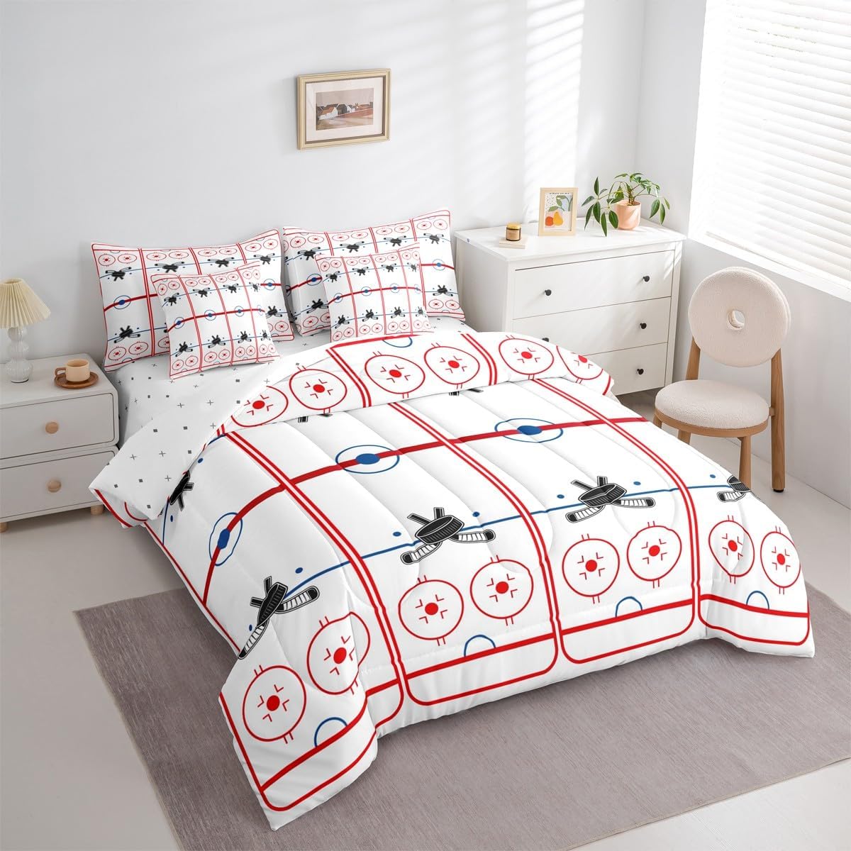 Erosebridal Hockey Comforter Set with Sheets Twin 7 Piece Ice Hockey Field Bed in A Bag Extreme Sports Theme Bedding Sets for Women Men Winter Event Sports Lovers Gift Bed Set Bedroom Decor