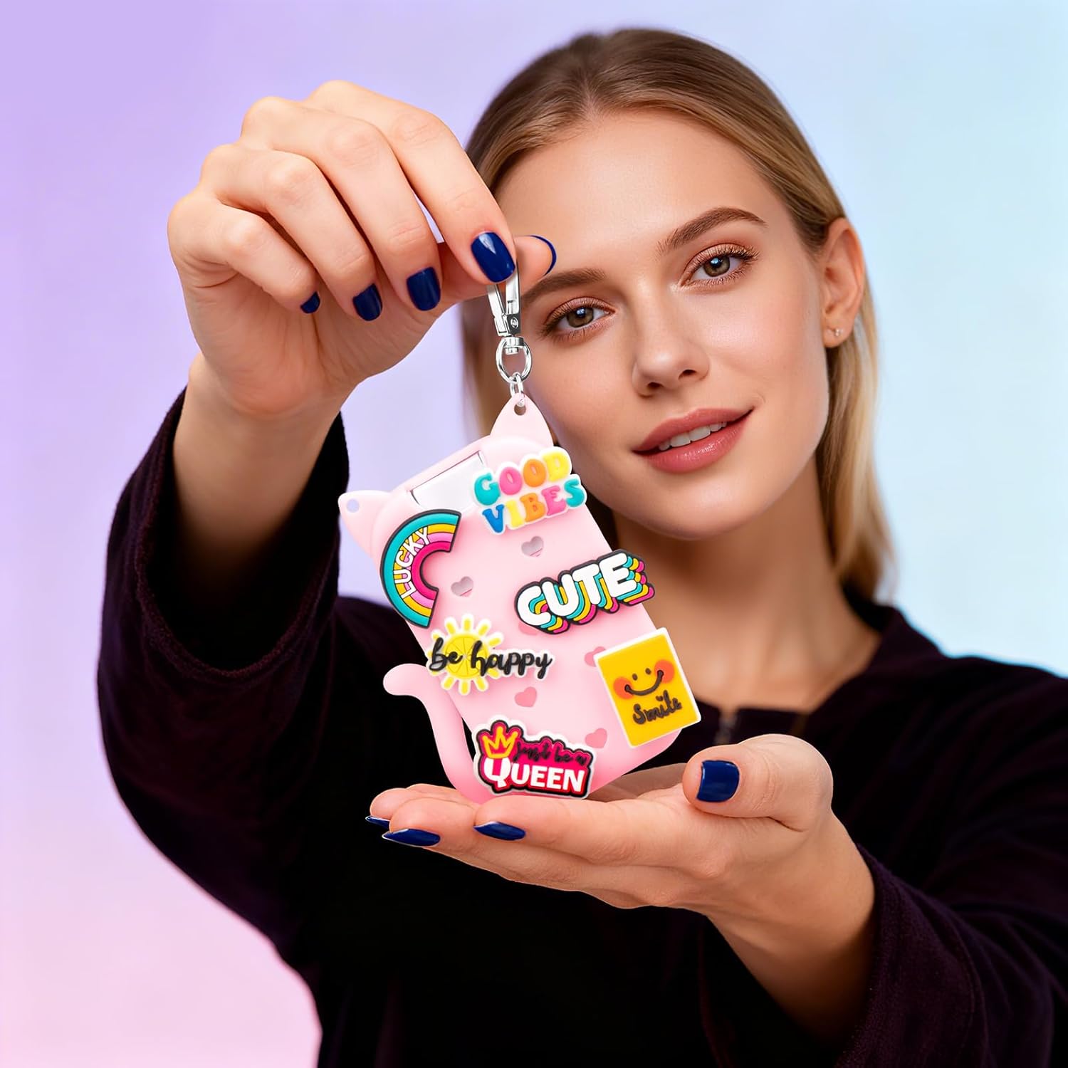 Metyond Silicone Case Compatible with Touchland Hand Sanitizer Spray 1 FL OZ/30ML, Portable Cat-shaped Case with 6 Charms and Keychain, Cute Hand Sanitizer Spray Accessory (1PCS Pink) - Image 3