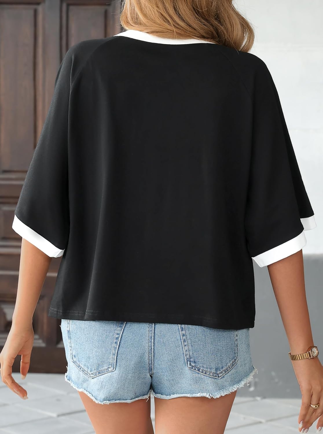 LilyCoco Womens Ringer Tee Short Sleeve Oversized Summer Cotton Shirts - Image 5