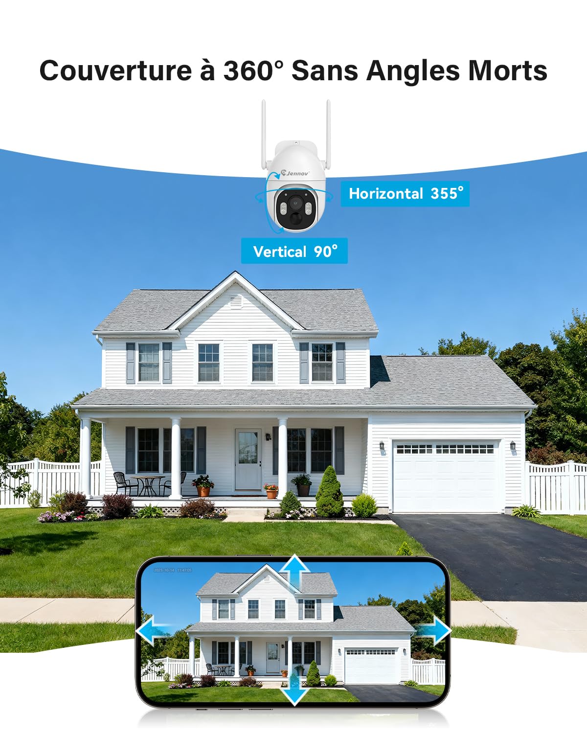 Jennov Kit Camera Surveillance Exterieure sans Fil Solaire mit Moniteur, 5MP 10CH 10" Pouces NVR Écran Tactile, 5MP Caméra avec 360° Pan & Tilt, Vision Nocturne Couleur, PIR Détection, Sans Abonnement