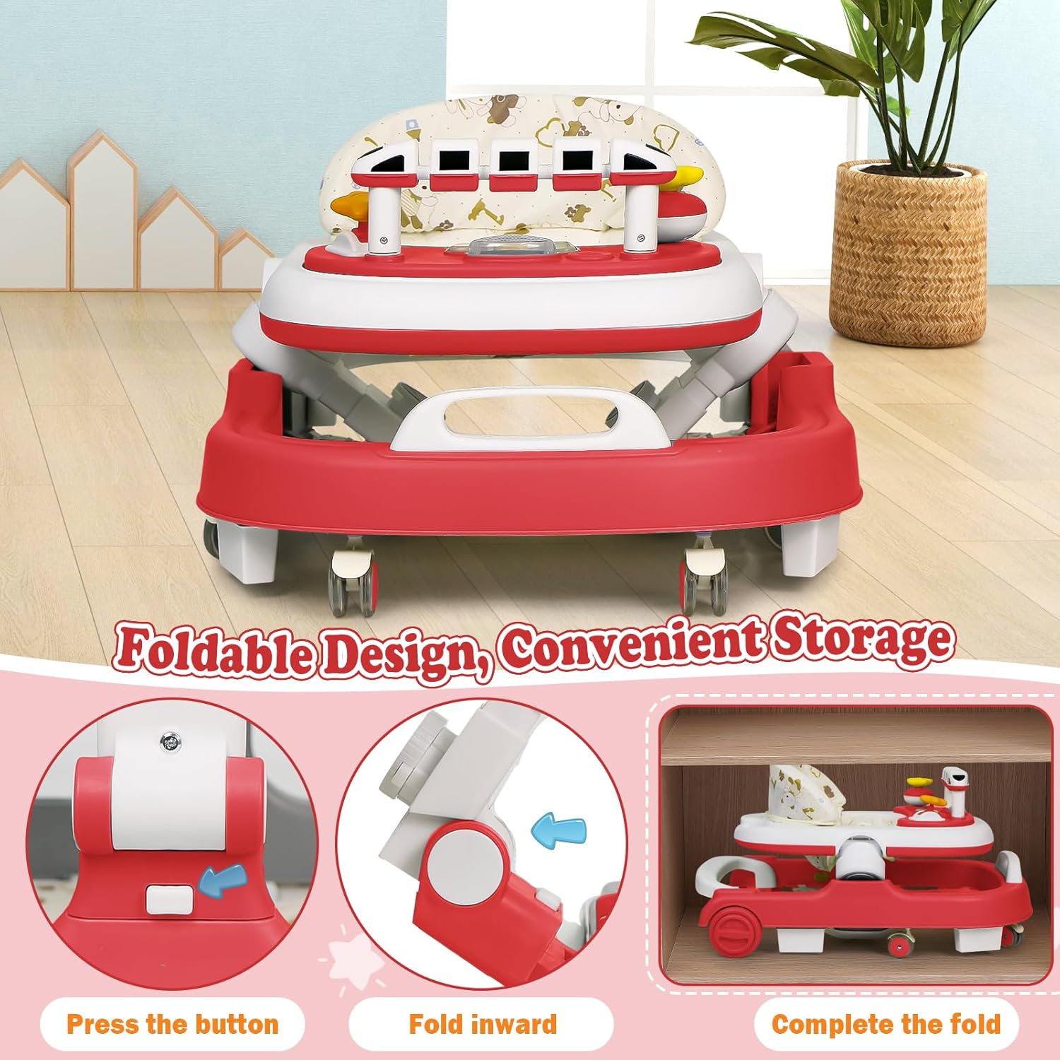 Baby Walker with Wheels, 4 in 1 Foldable Baby Walkers for Boys Girls 6-18 Months, 3 Level Height Adjustment with Bouncing, Feeding Tray & Music, Baby Walker with Activity Center, Toddler Push Walker