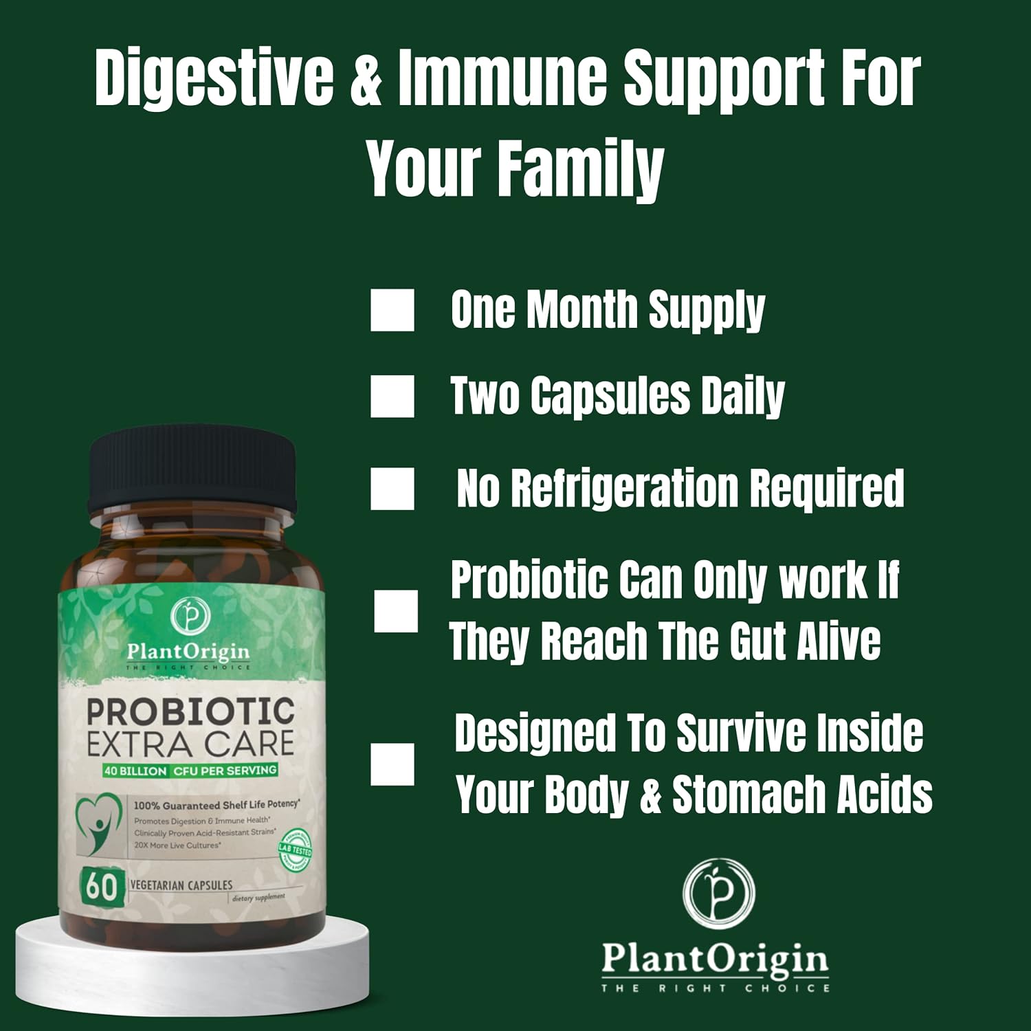 PLANTORIGIN Probiotic Extra Care | 40 Billion CFU with Lactobacillus Acidophilus & Diverse Strains | Digestive & Immune Health Supplement for Men & Women | Non-GMO, Shelf Stable | 60 Capsules