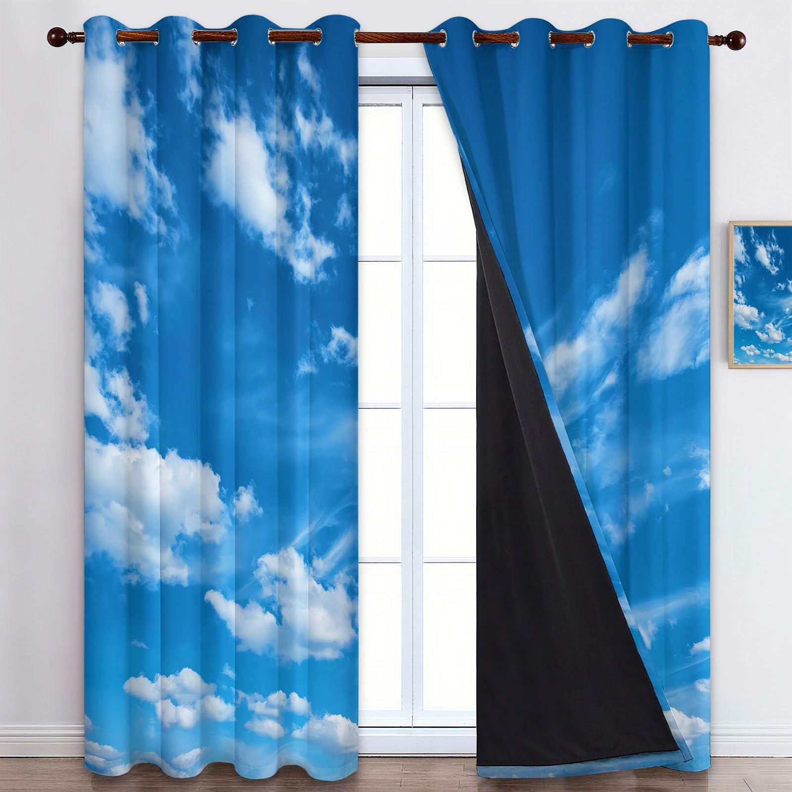 Rideau Occultant Bleu, Paysage Naturel Ciel Bleu Nuages Blancs Rideaux à Oeillets, Rideau Thermique Isolant Anti Froid et Chaleur pour Salon Chambre Fenetre Décoration 92L x 214H cm Lot de 2
