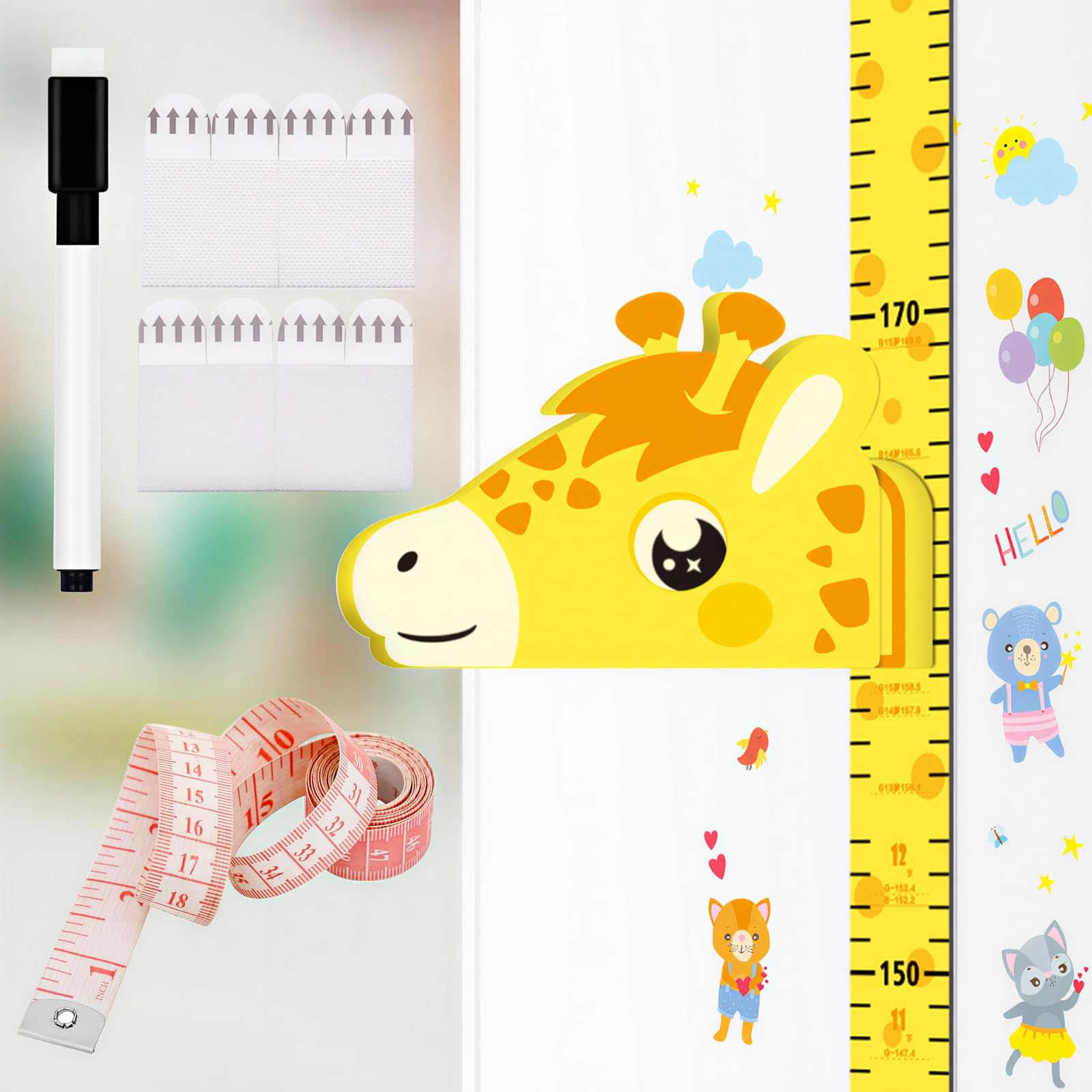 Magnetic Height Chart, No Drill 3D Movable Giraffe Head, Reusable Growth Chart with Wipeable Pen, Giraffe Wall Decor for Room, Waterproof Height Measure (180cm)