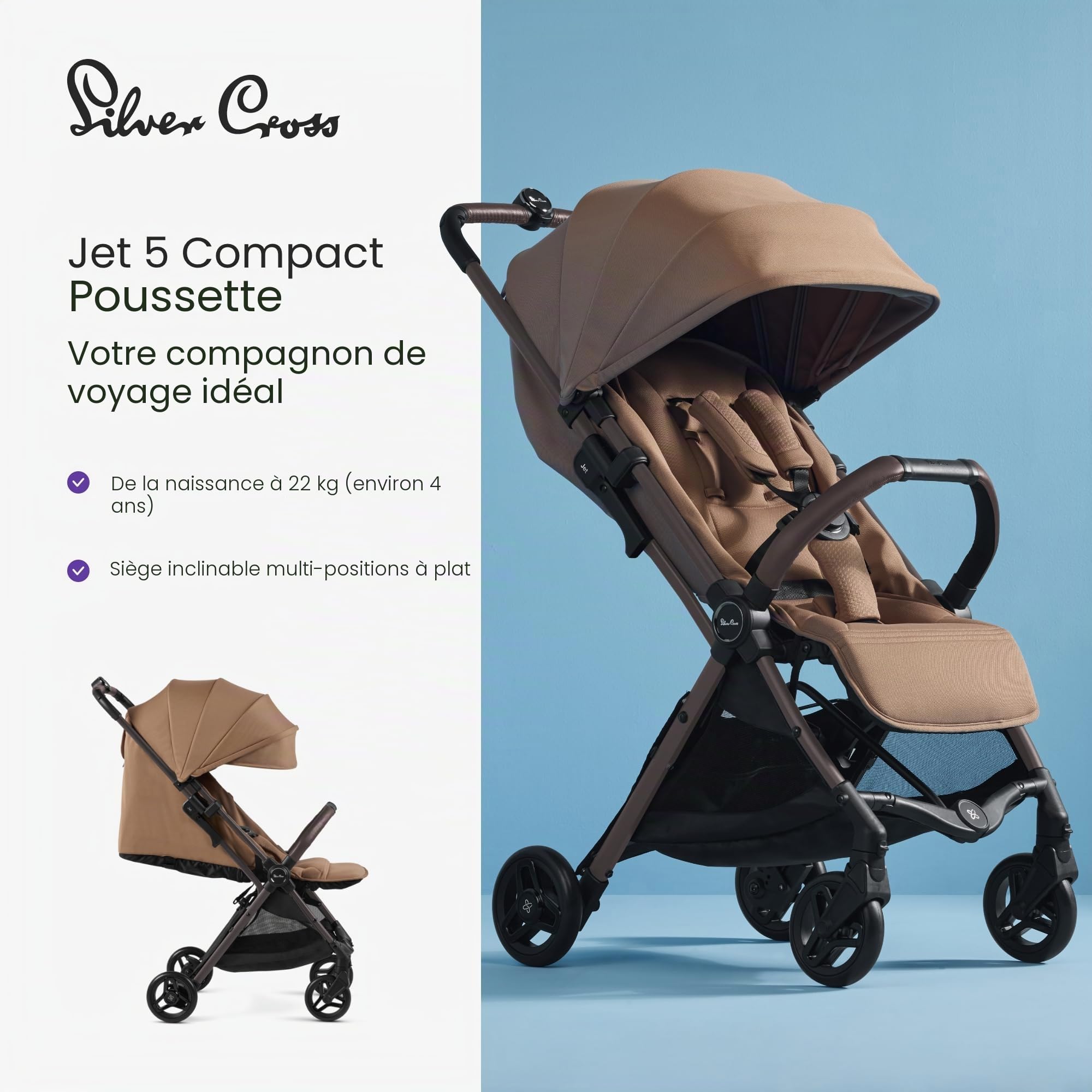 Silver Cross - Poussette compacte Jet 5 - Poussette de voyage - Poussette pliable et légère - Système de voyage - Taille cabine - Compatible avec siège auto (vendu séparément) - Nouveau-né à 4 ans