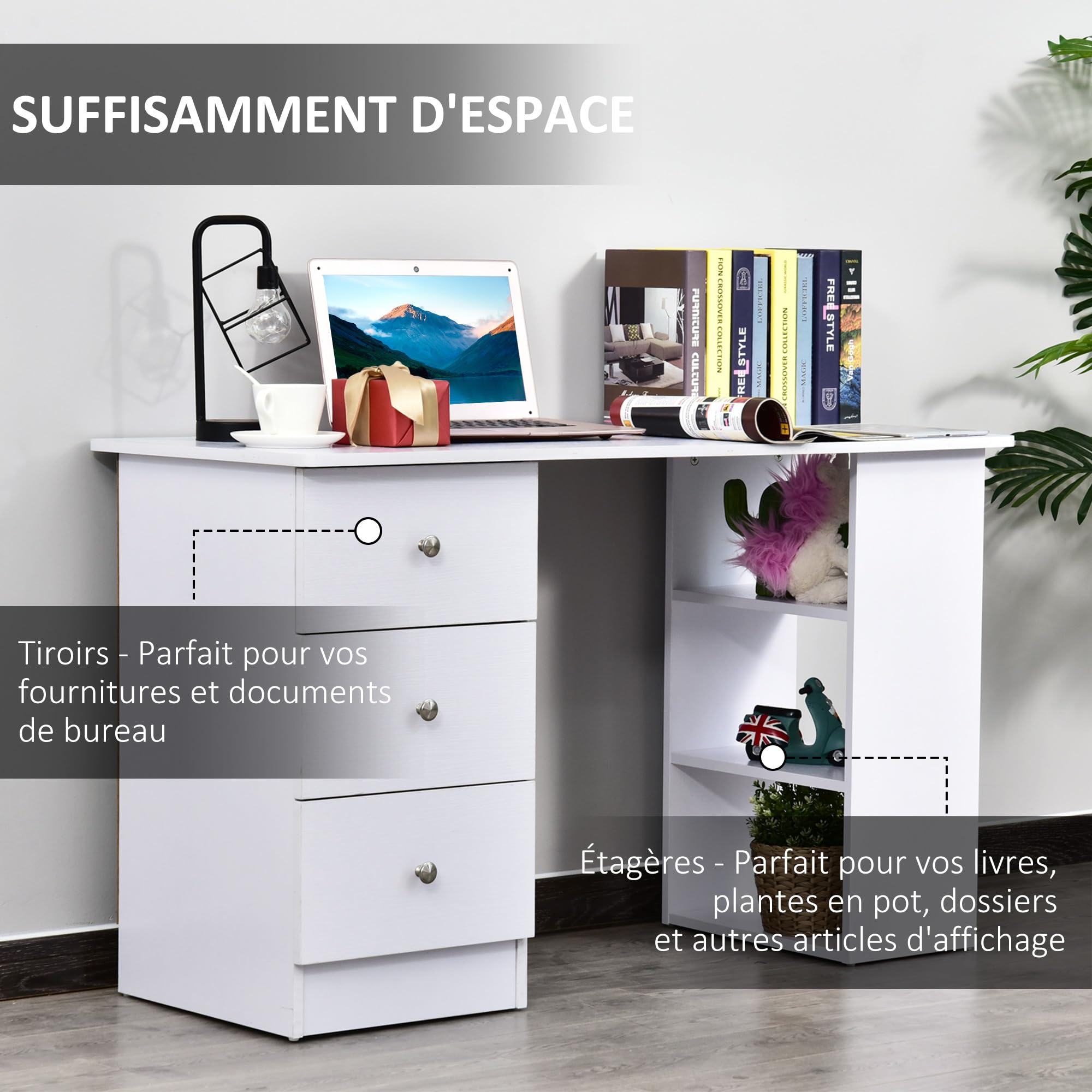 HOMCOM Bureau Informatique Multimédia 3 Tiroirs 120L x 49l x 72H cm Blanc