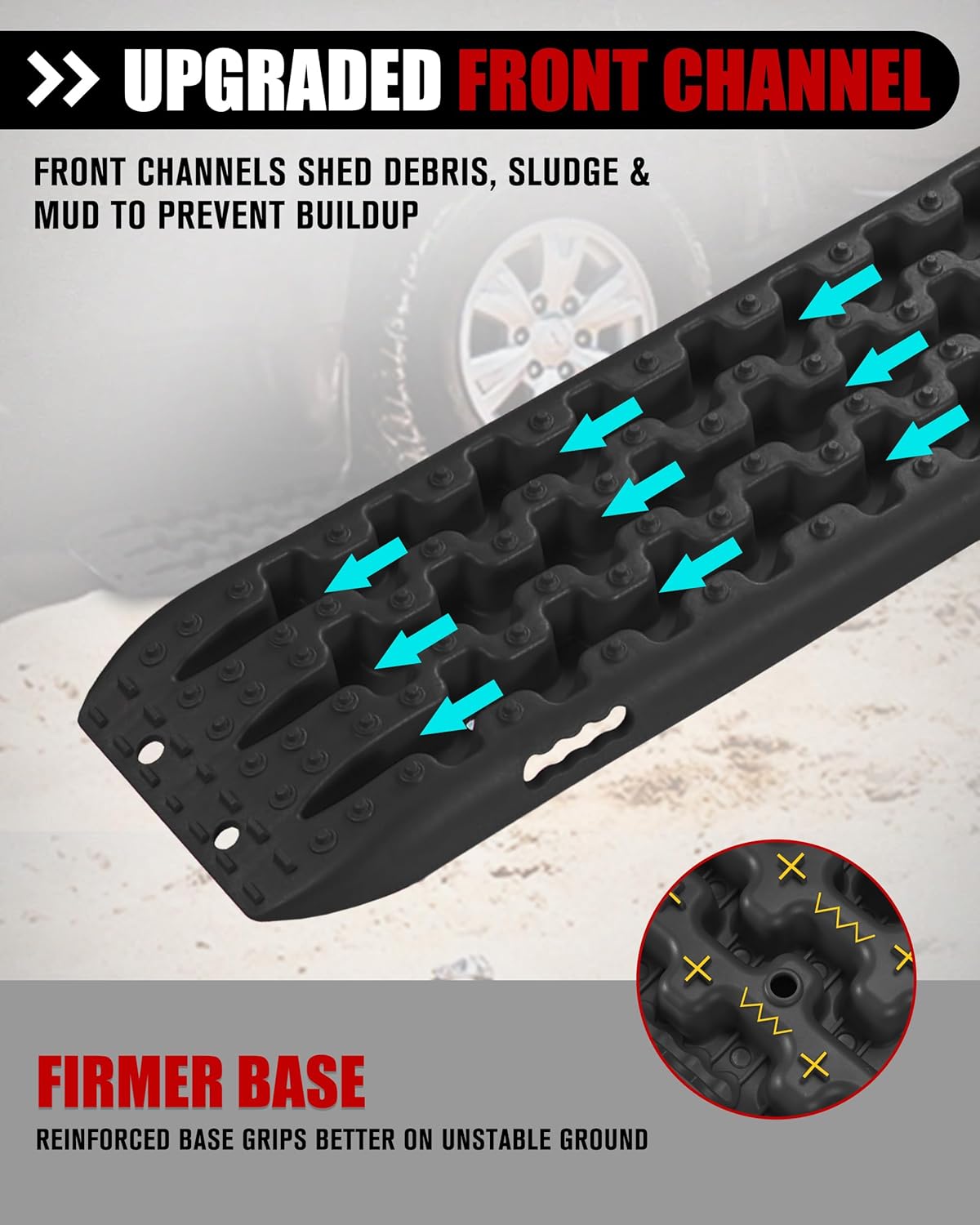 FieryRed Traction Boards Offroad, Recovery Boards with 2 Leashes and Carry Bag, 2Pcs Traction Mat Recovery Tracks for Sand Mud Snow Track Tire Ladder 4X4, Black GEN1th