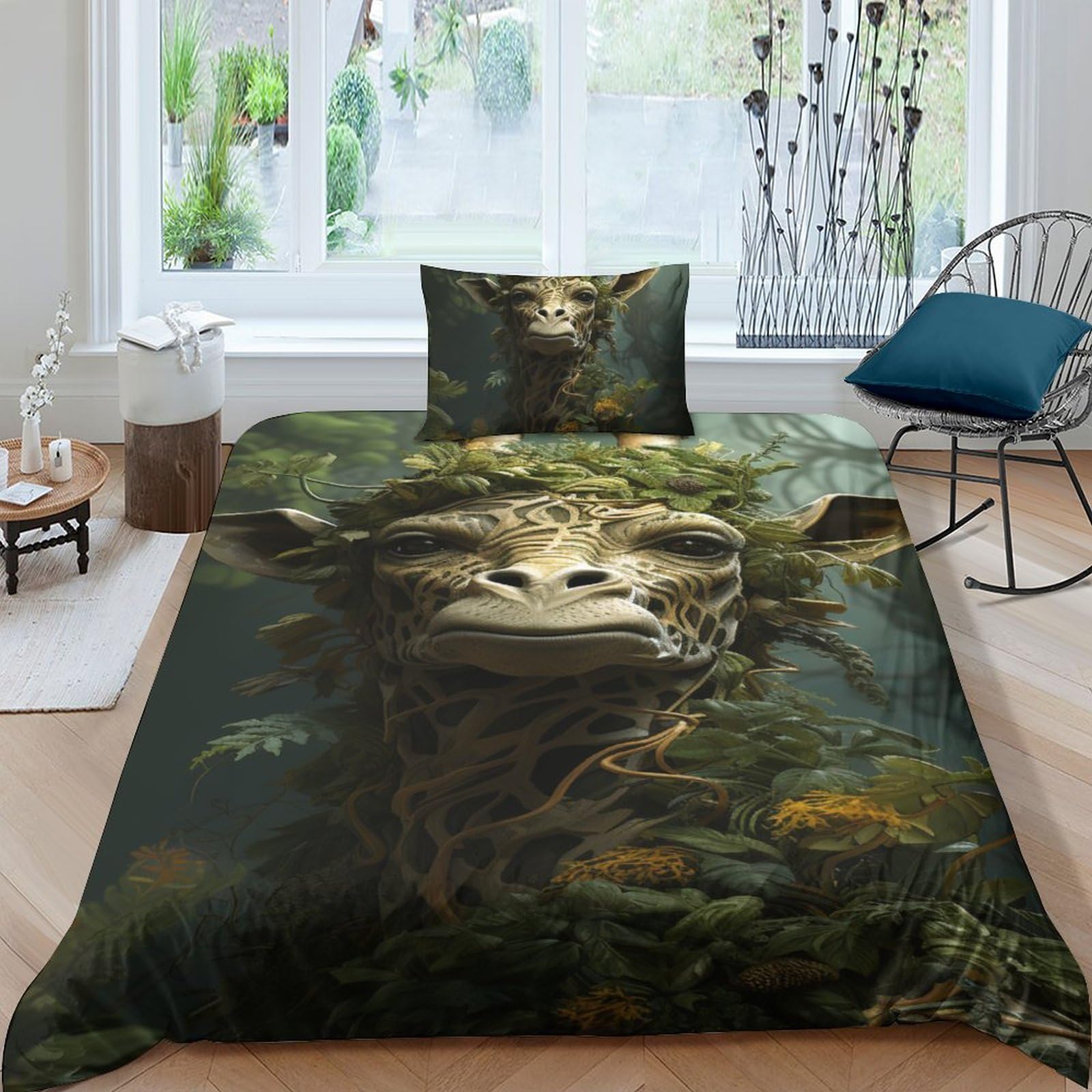 Housse de couette girafe 3D et parure de literie microfibre pour lit fille et ado avec taie
