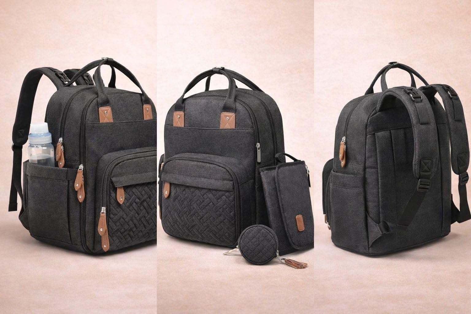 Sac à langer bébé 18 poches grande capacité avec tapis à langer isotherme porte-sucette Noir