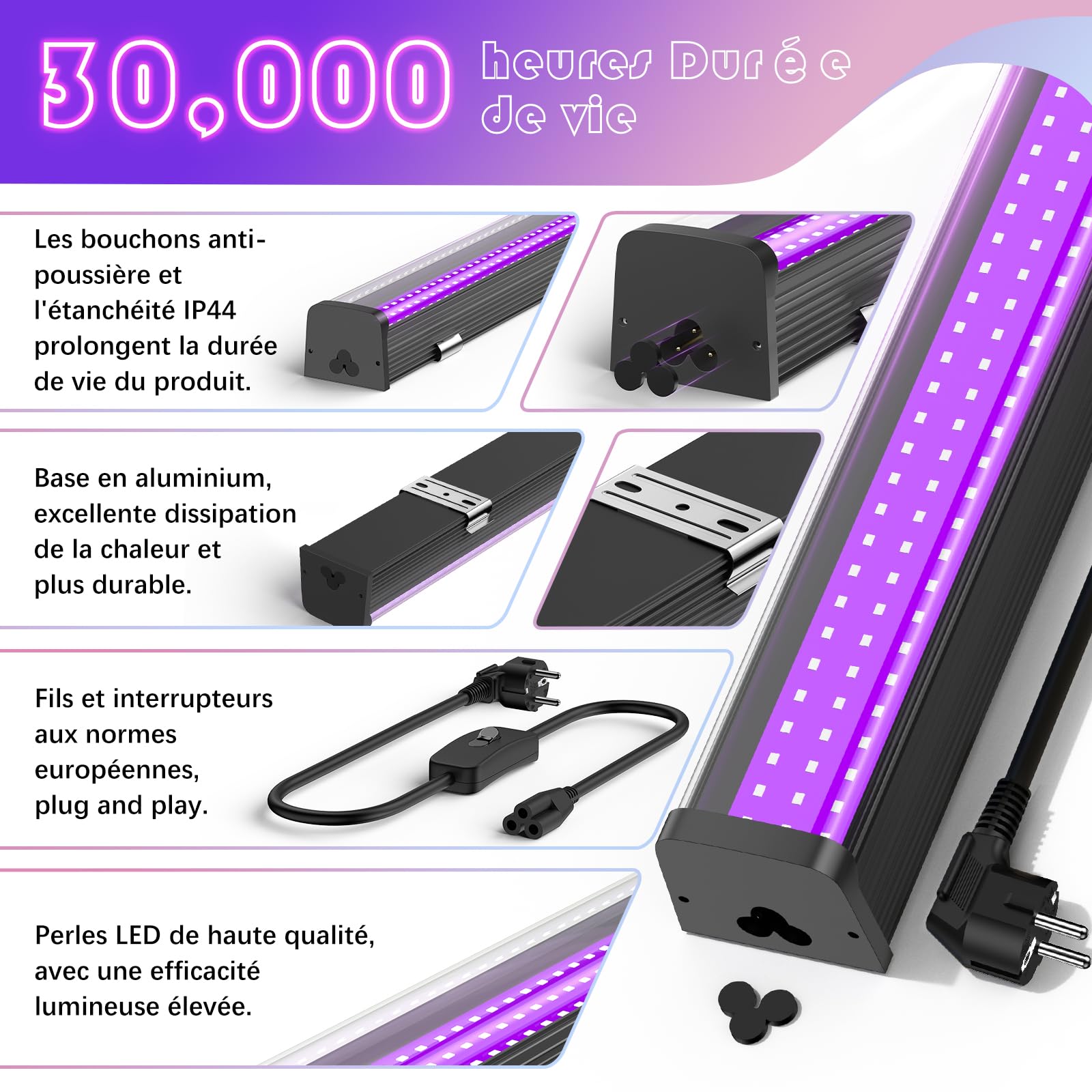 Glostars Lumière Noire 26W, 395nm Lampe UV, Lumière Noire LED avec Interrupteur et Prise, Chaque Zone Eclairée 18x18ft, pour les Lumiere Noire Soiree Fluo, Disco, DJ