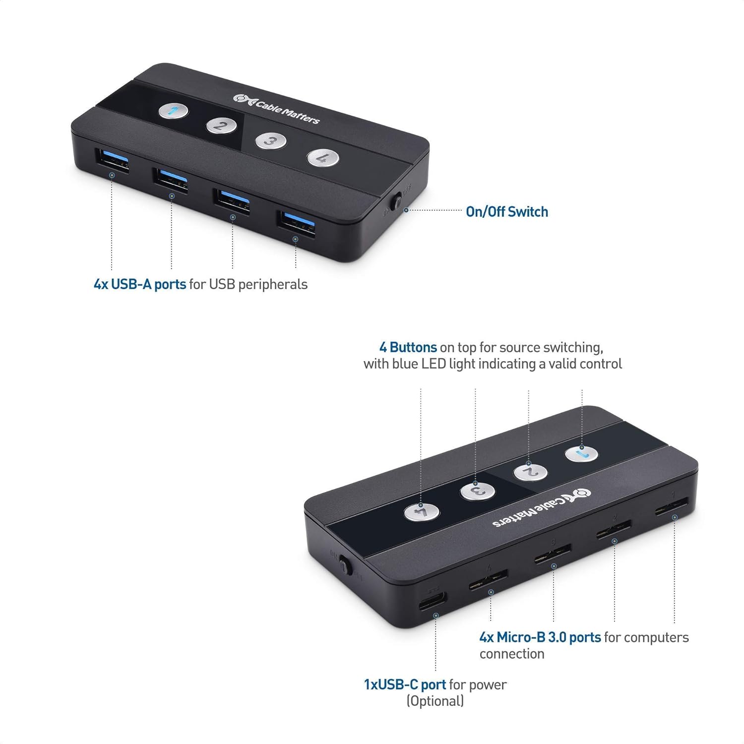 Cable Matters 4 Port USB 3.0 Switch Hub USB Sharing Switch for 4 Computers and USB Peripherals - Button or Wireless Remote Control Swapping & Micro USB 3.0 Cable