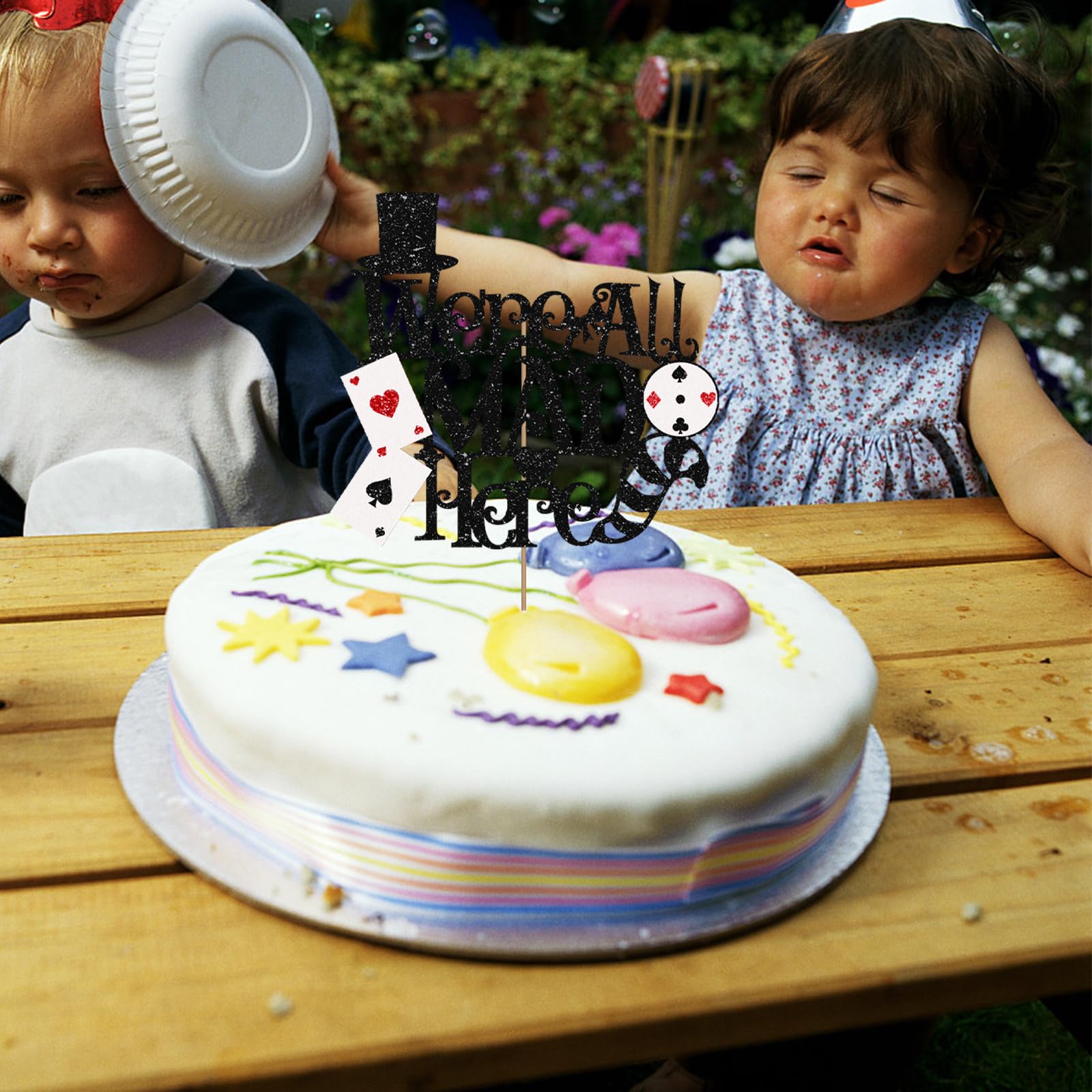 We Are All Mad Here Cake Topper - Black Glitter Poker Birthday Decor, Alice Theme Party Supplies