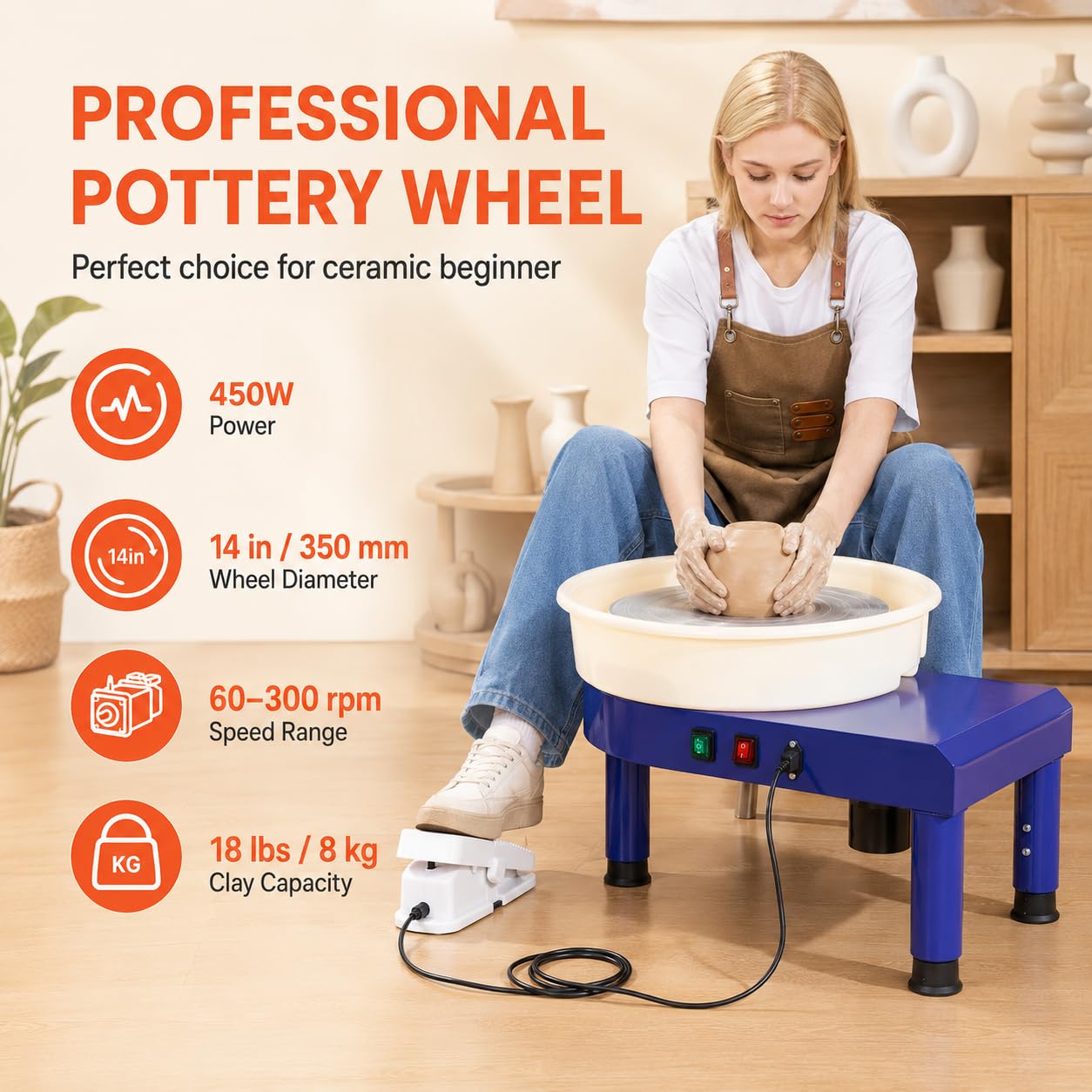 Maszyna do kół garncarskich 450 W 35 cm z ekranem dotykowym LCD i pedałem