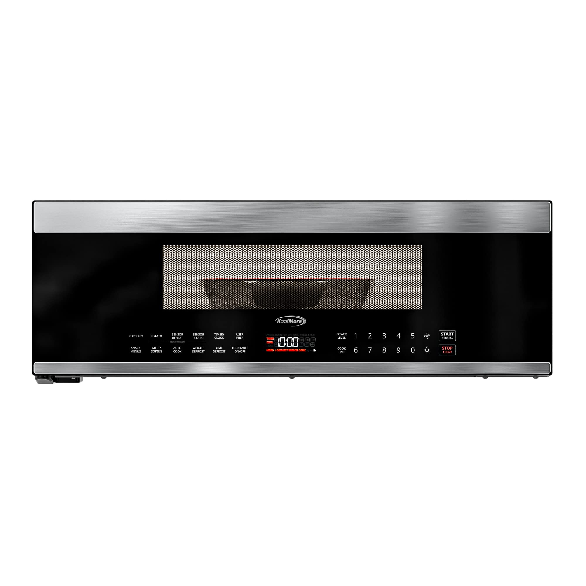 KoolMore 30 Inch Over-The-Range Low Profile Microwave, 1.2 Cu. Ft. Built-in, 10 Power Levels, 13.5” Glass Turntable, 1000-Watt Power, Advanced Air Vent, and Heat Circulation (KM-MLPOT-1SS)