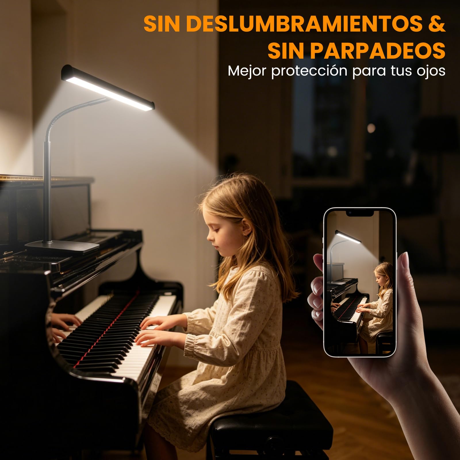 Lámpara LED para Piano, 3 modos de color, 10 niveles de brillo regulables, alimentación USB, tubo flexible de 360°, base metálica estable, adecuada para piano y escritorio