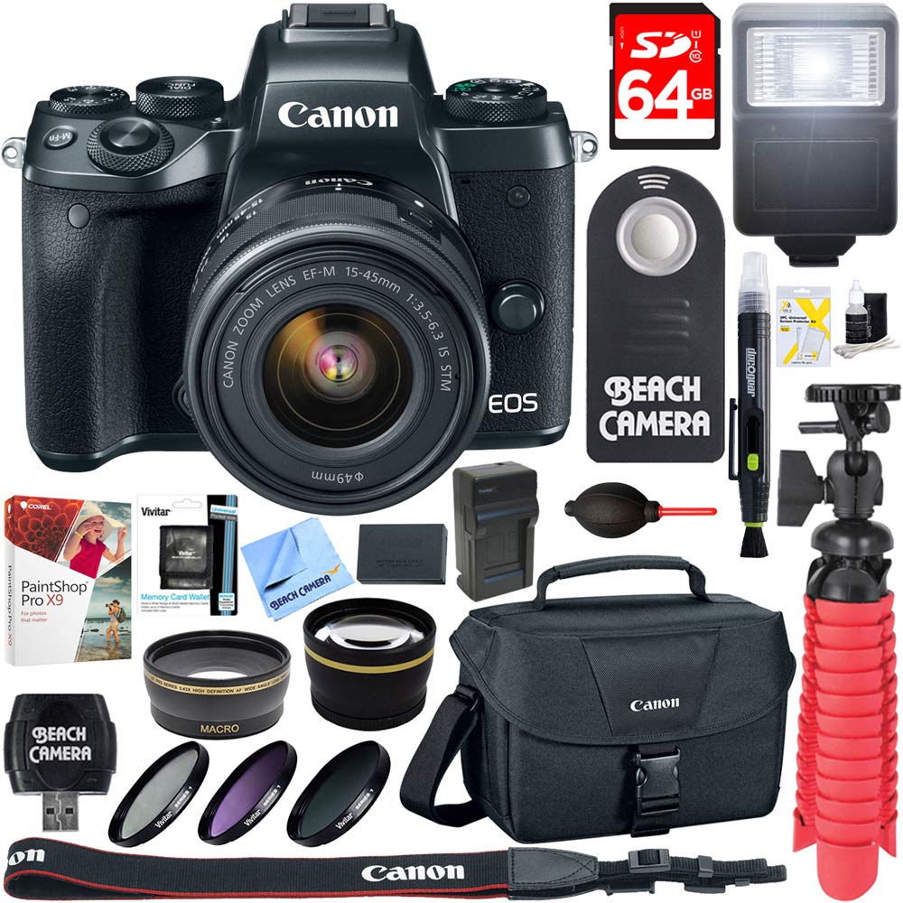 Canon EOS M5 Mirrorless Black Digital Camera w/ 15-45mm is STM Lens + 64GB Memory Card + Camera Bag + 0.43x Wide Angle + 2.2X Telephoto Lens Converter + 49mm Filter Kit + Microfiber Cloth+Tripod+More