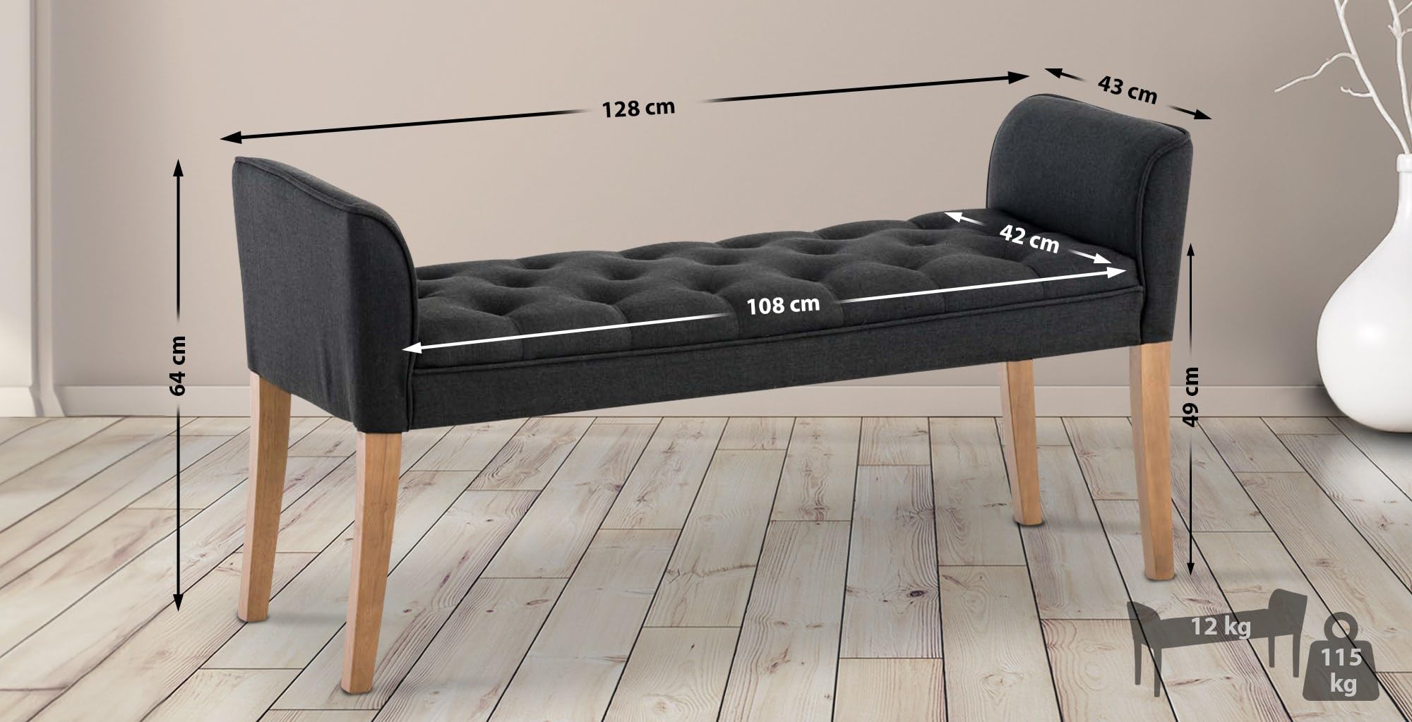 CLP Chaiselongue Cleopatra I Stoff-Bezug I Polsterbank, Farbe:dunkelgrau, Gestell Farbe:antik-hell