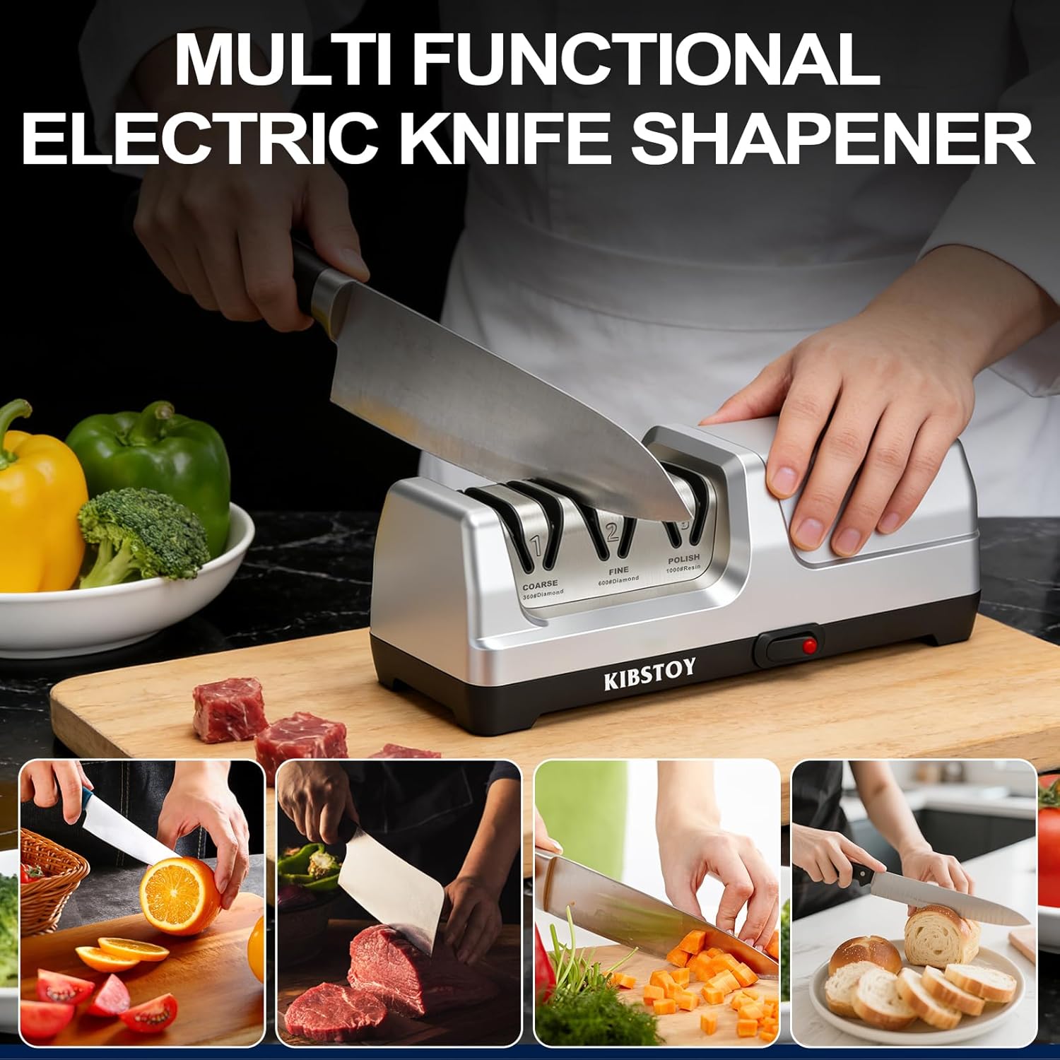 Electric Knife Sharpener for Kitchen – Professional 3-Stage 100% Diamond System with 20° Precision Angle, Quickly Sharpening, Polish Blades/Repairing/Restoring