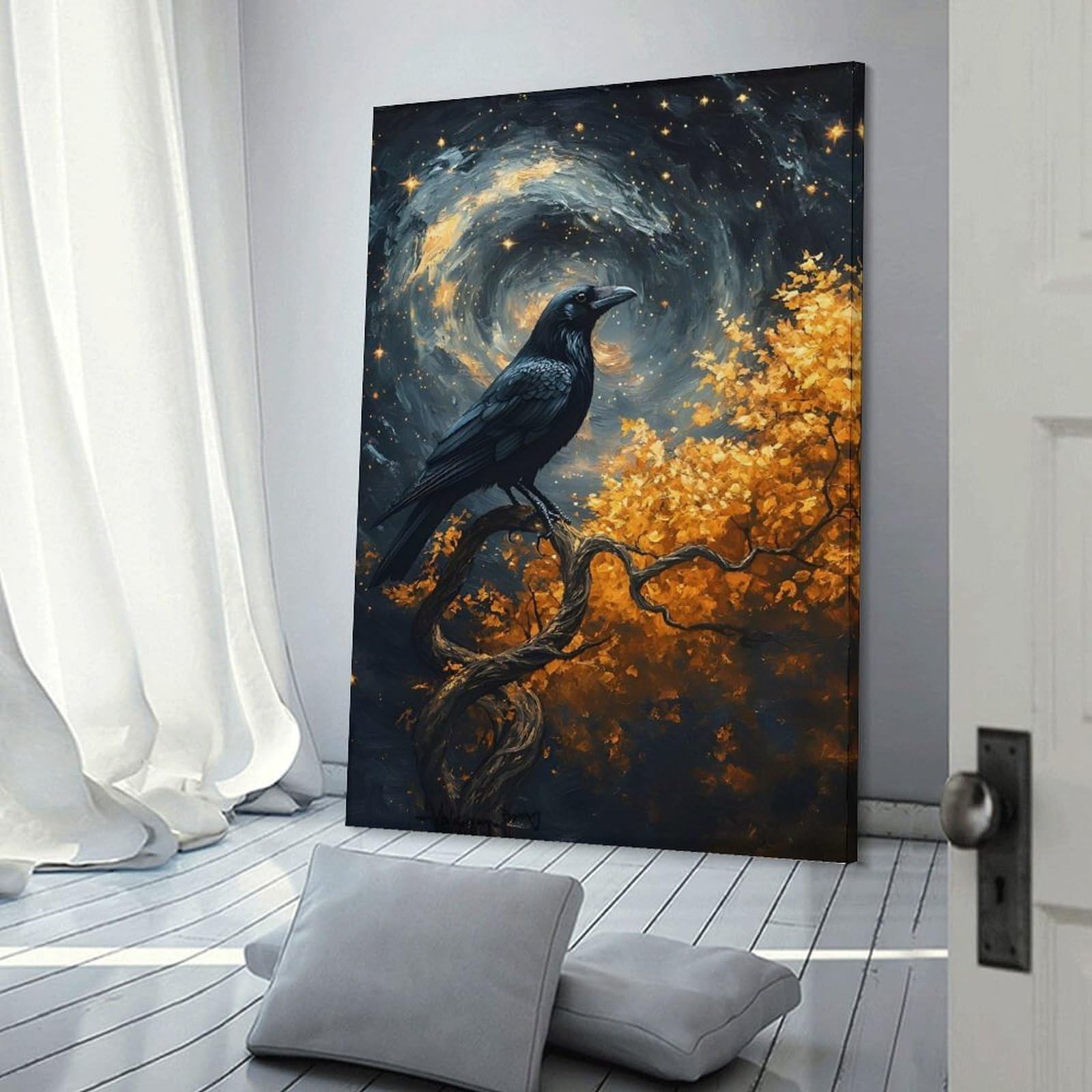 Junmoney Frame-Style Raven On A Twisted Tree Under A Starry Sky Room Decor Wall Art 16X24inch(40X60cm), For Entrance Walls, Hall Decor Or Foyers, A Neat Decor Update For Hallways