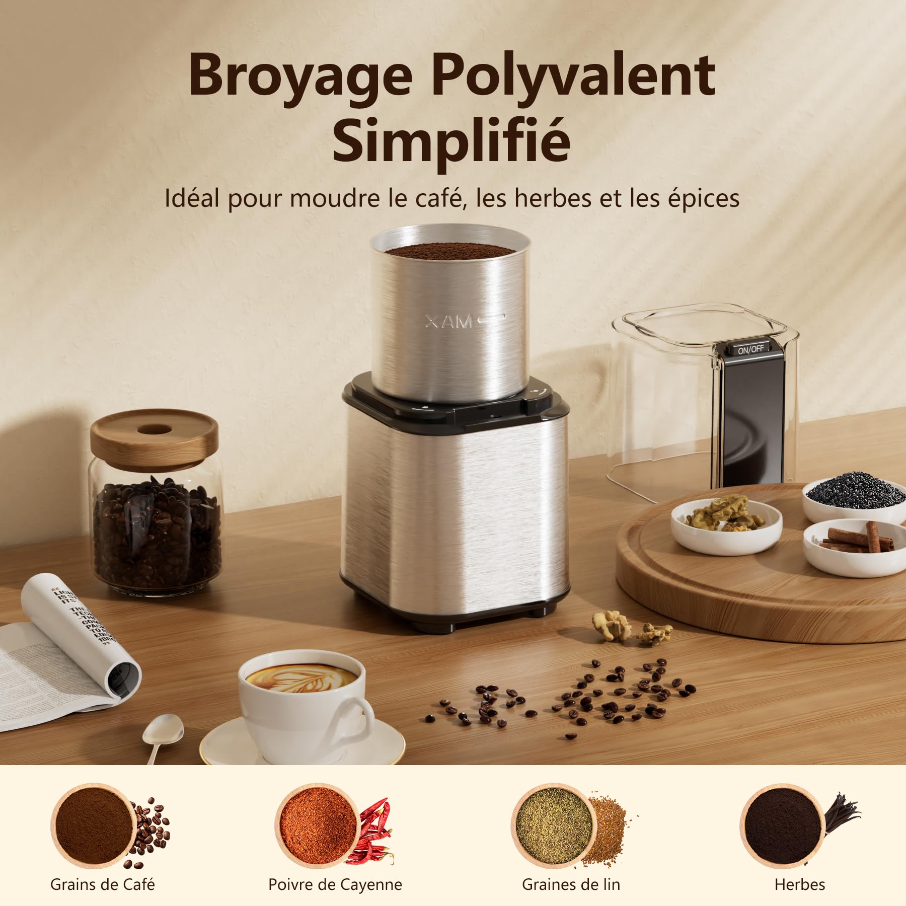 Moulin électrique 200W - Pour Café, épices, Noix - Bol Inox Amovible - 100g Capacité