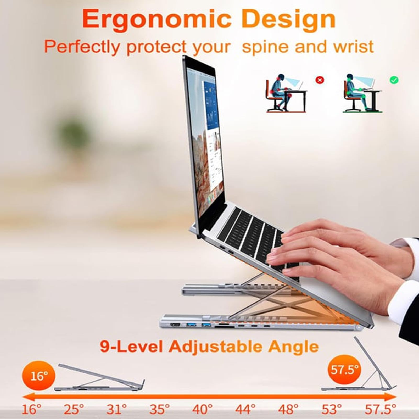 Supporto Portatile per Notebook con Docking Station Hub USB C 8 in 1 e | Trasferimento Dati a 5 Gbps, Supporto Pieghevole per Computer Portatile con Porte USB per Scrivania, Ufficio, Casa
