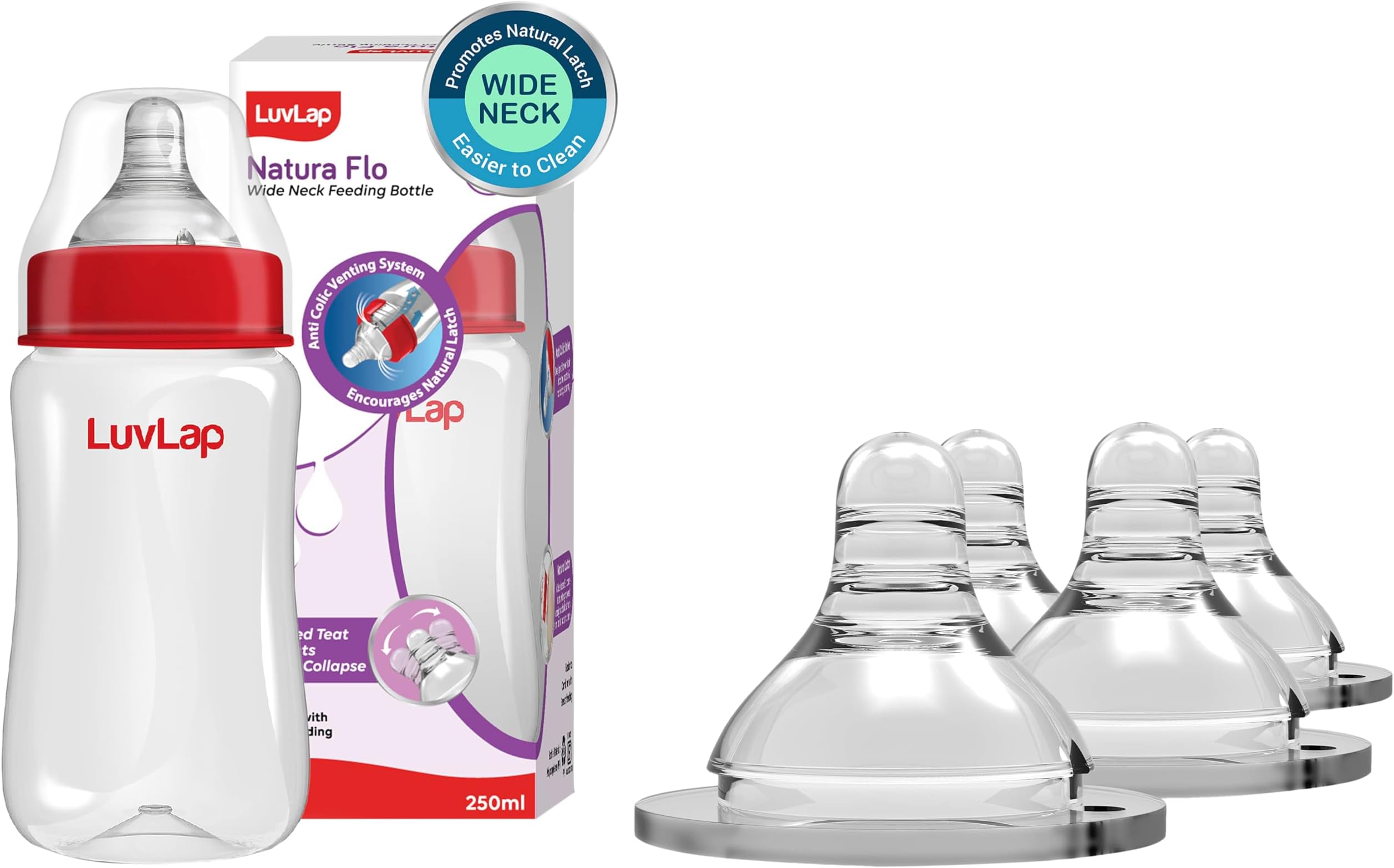 Luvlap Anti-Colic Natura Flo Teat/Nipple for Wide Neck Bottle, 4pcs, Fast Flow, 6m+ & LuvLap Anti-Colic Wide Neck Natura Flo Baby Feeding Bottle, 250ml, New Born/Infants/Toddler Upto 3 Years, BPA Free