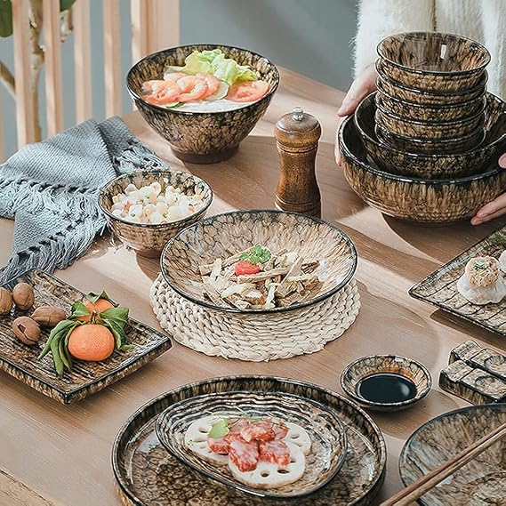 Leopard Glaze Dinnerware Sets, Japanese Creative Plate and Bowl Sets, Dish Set Service for 8 for 2, 6, 10 People, Microwave Oven Dishwasher Safe, High-end Ceramic Kitchen Plate Set(37Pcs)