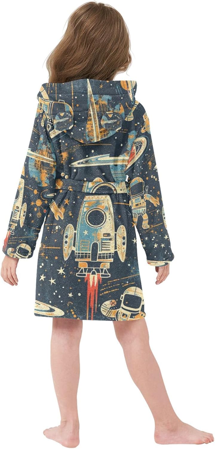 Space Astronaut Rocket Bathrobe Hooded PJ Robe Soft Fleece Robe Pajama Sleepwears 2-12 Years