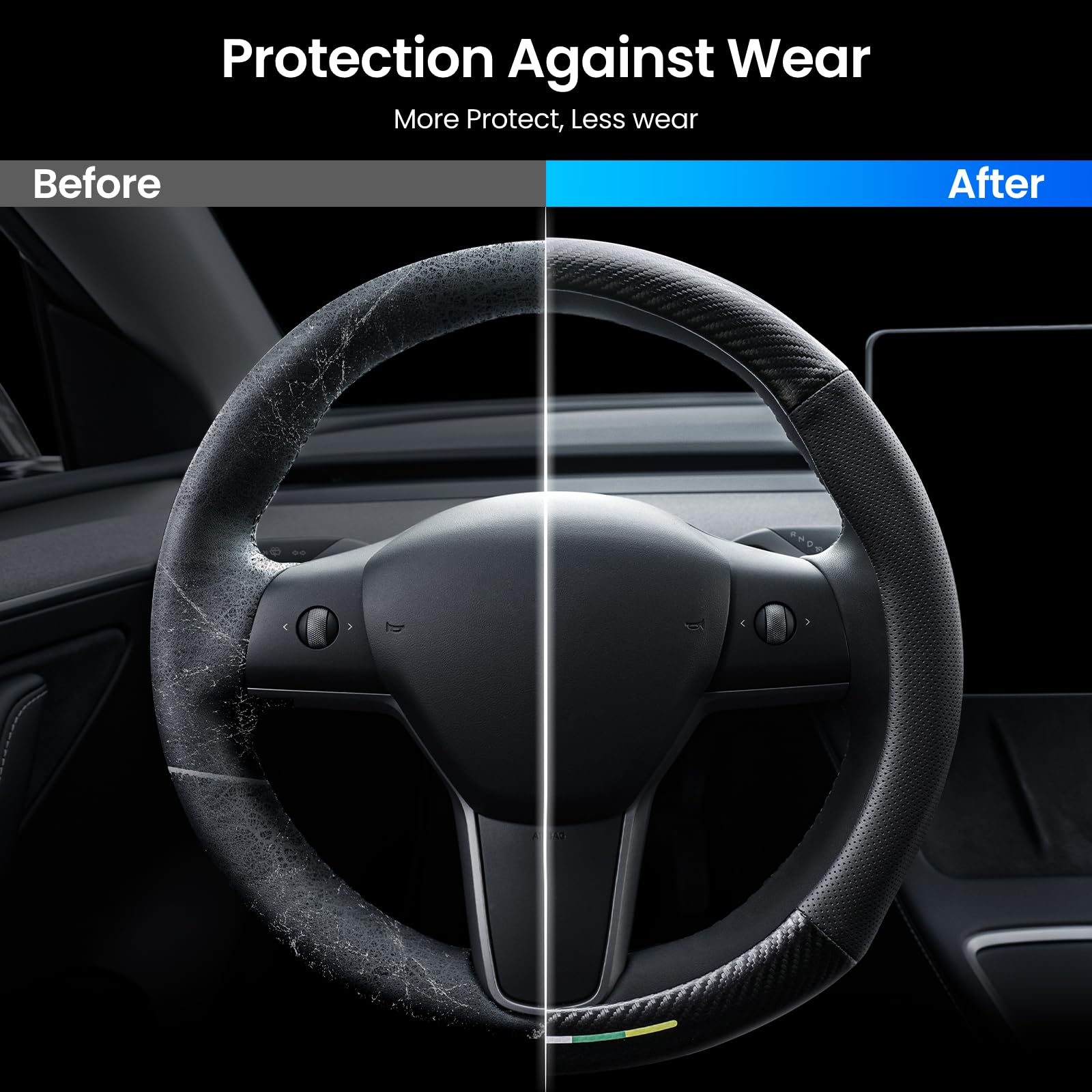 REEVAA 2025 Upgraded Car Steering Wheel Cover for Tesla Model Y/3(2024-2025) Accessories, Carbon Fiber Black Leather, Grippy Non-Slip, [Not Fit New Model Y Juniper],14.5in