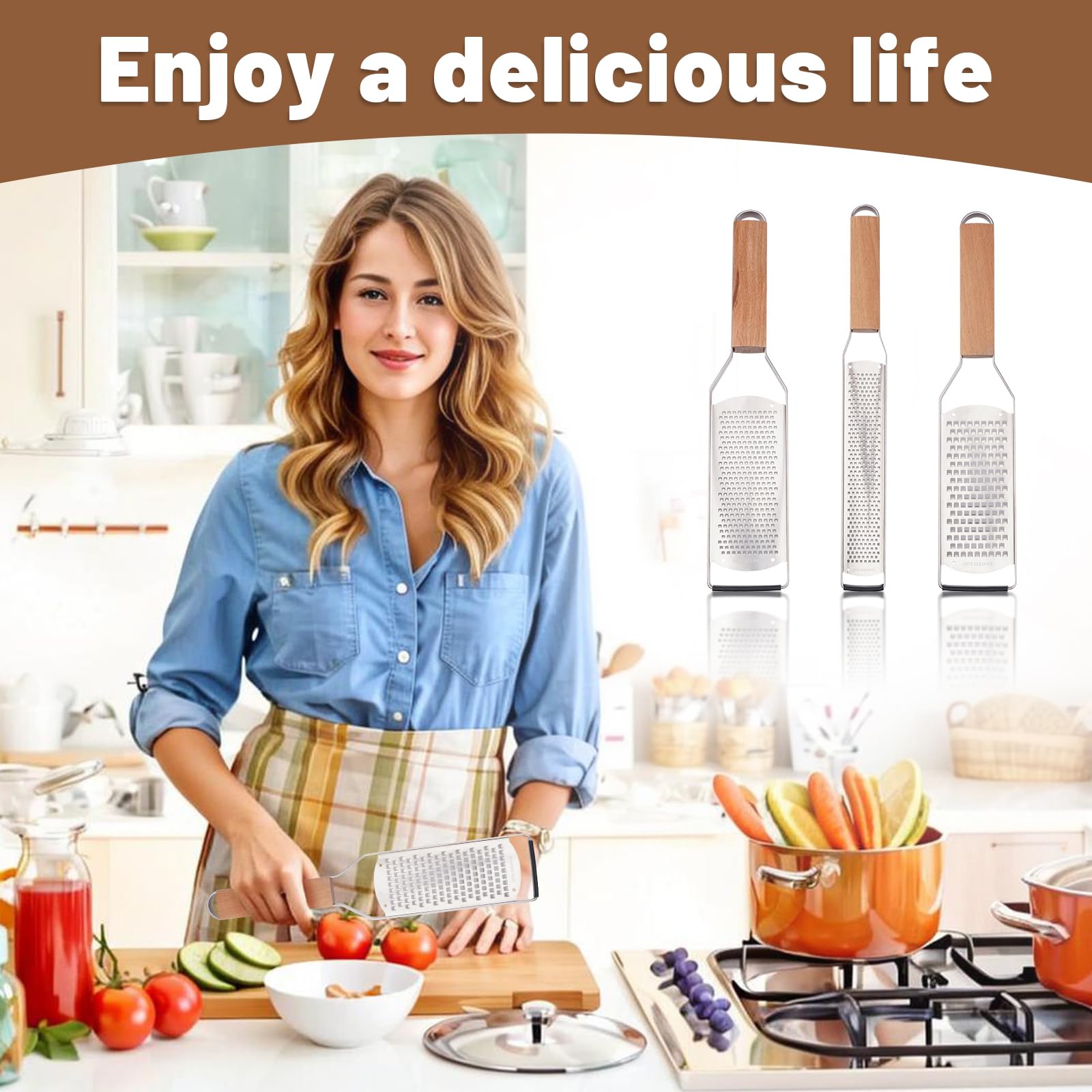 SHIKORI Ralladores de queso profesionales de acero inoxidable para cocina, rallador de limón de metal con mango de madera para queso, chocolate, especias, utensilios de cocina y herramientas, agujero