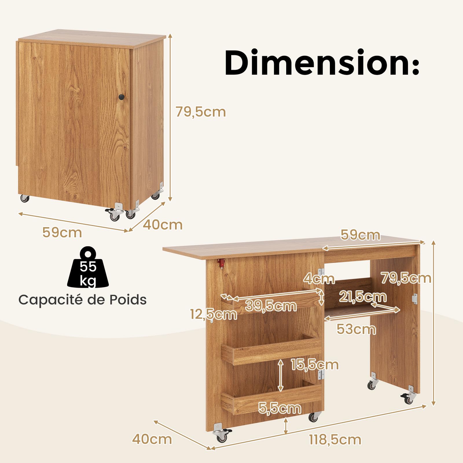 RELAX4LIFE Table de Couture Pliable avec Grand Plateau, 3 Compartiments, Étagère de Rangement, Meuble Gain de Place à roulettes pour Aiguilles, Fils et Ciseaux(Naturel)