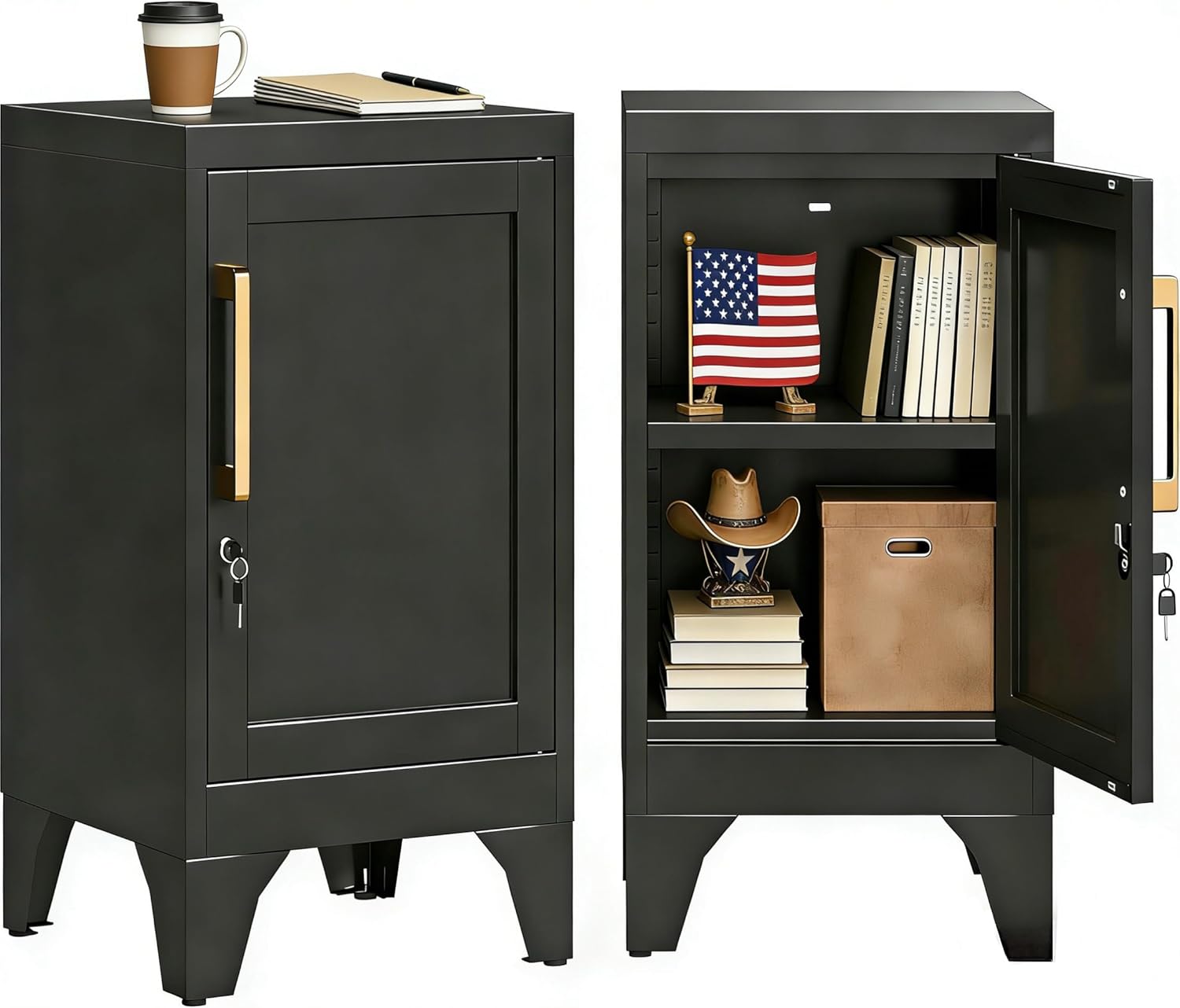 24" H Metal Locker Small Storage Cabinet with Adjustable Shelf, Small Locking Cabinet with Door,Lockable End Table,Nightstand Cabinets with Lock for Bedroom,Home Office,Black