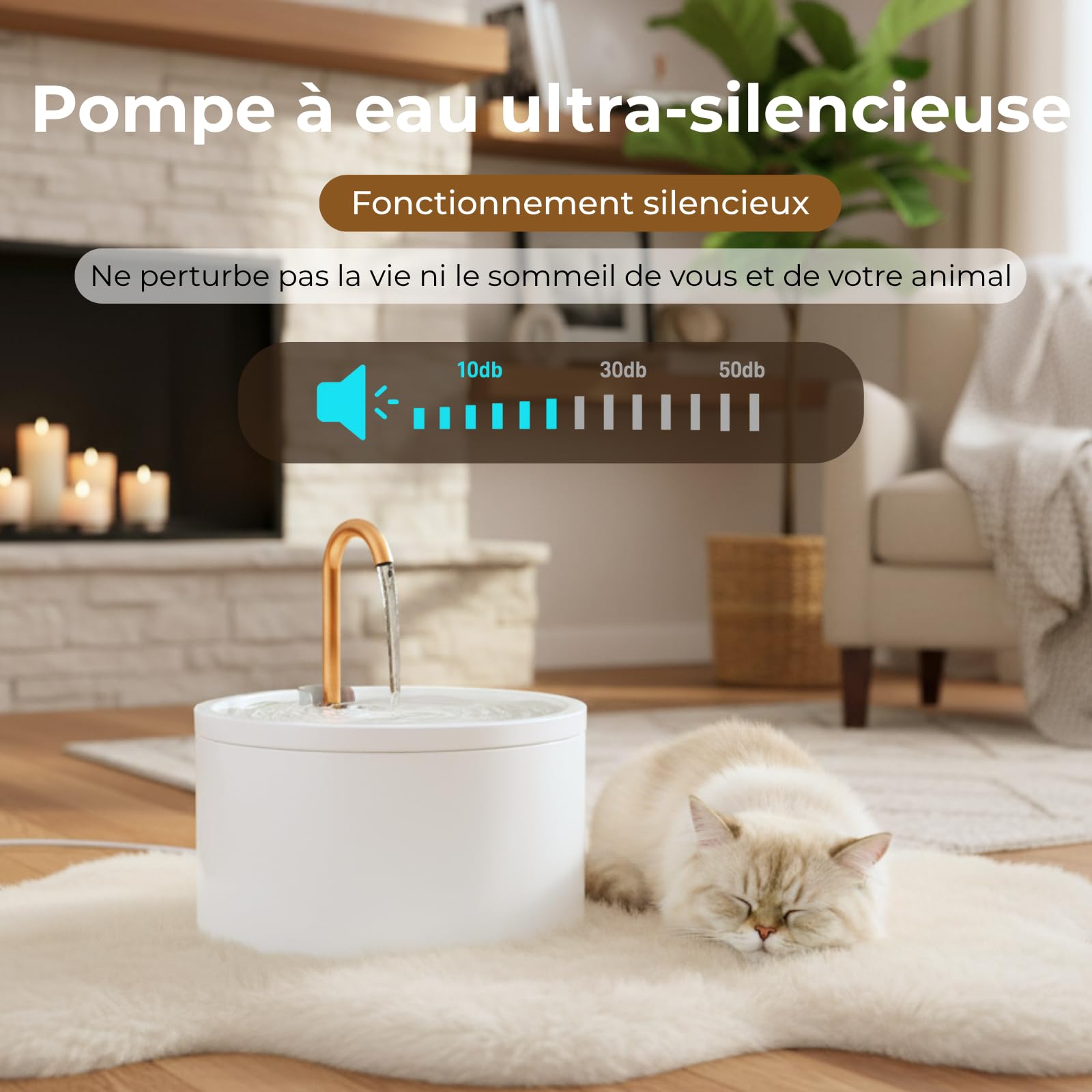 Fontaine à Eau Chat en céramique, capacité 2,1 L avec Bec en cuivre, Fontaine à Eau pour Chat silencieuse et hygiénique, Design élégant et Facile à Nettoyer, Blanc