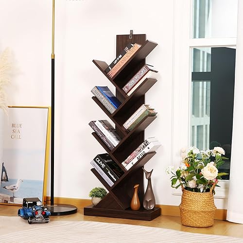 Miniatura 4 de Estantería para árbol de 9 estantes estantería estrecha para sala de estar dormitorio oficina en casa estante organizador de libros de pie con