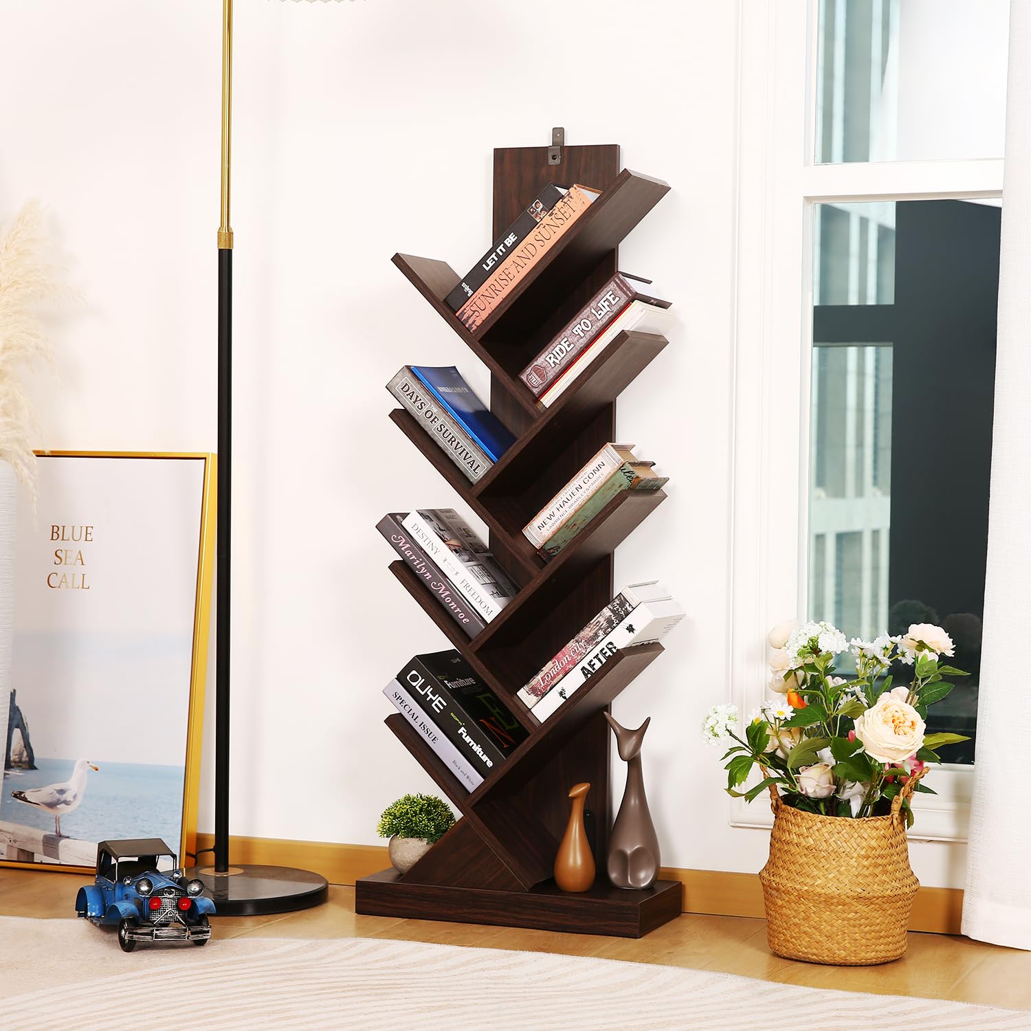 Libreria A Forma Di Albero GAOMON Con 4 Ripiani E Cassetto, Stile Retrò, Legno Marrone, 82.5x22.9x39 Cm, Per Libri E CD