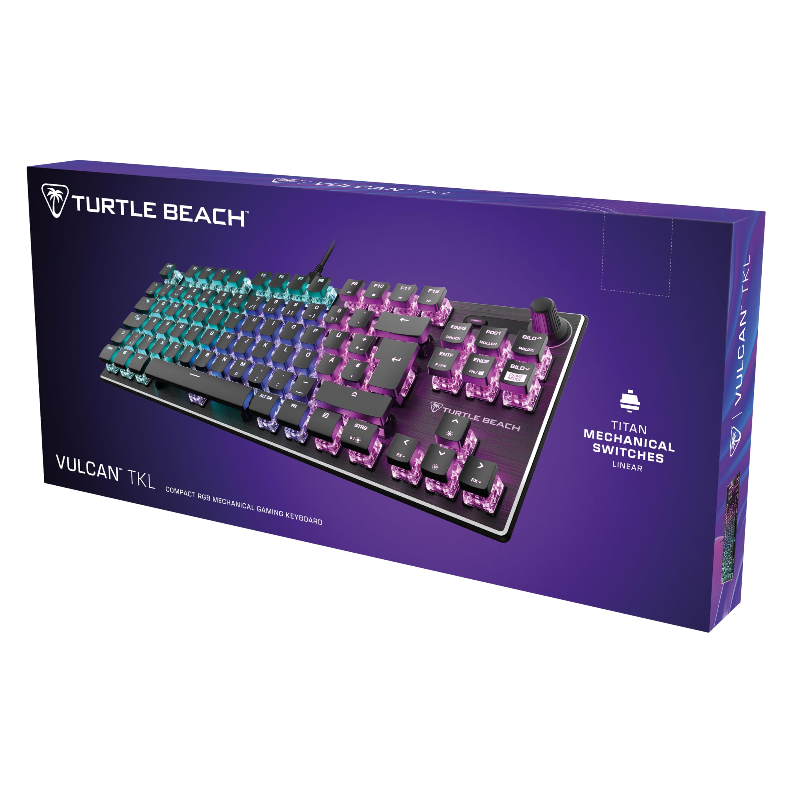 Turtle Beach Vulcan TKL - Clavier de Jeu mécanique Compact RGB, rétroéclairage AIMO LED Touche par Touche, interrupteurs linéaires Titan, Plaque supérieure en Aluminium, molette multimédia, Noir