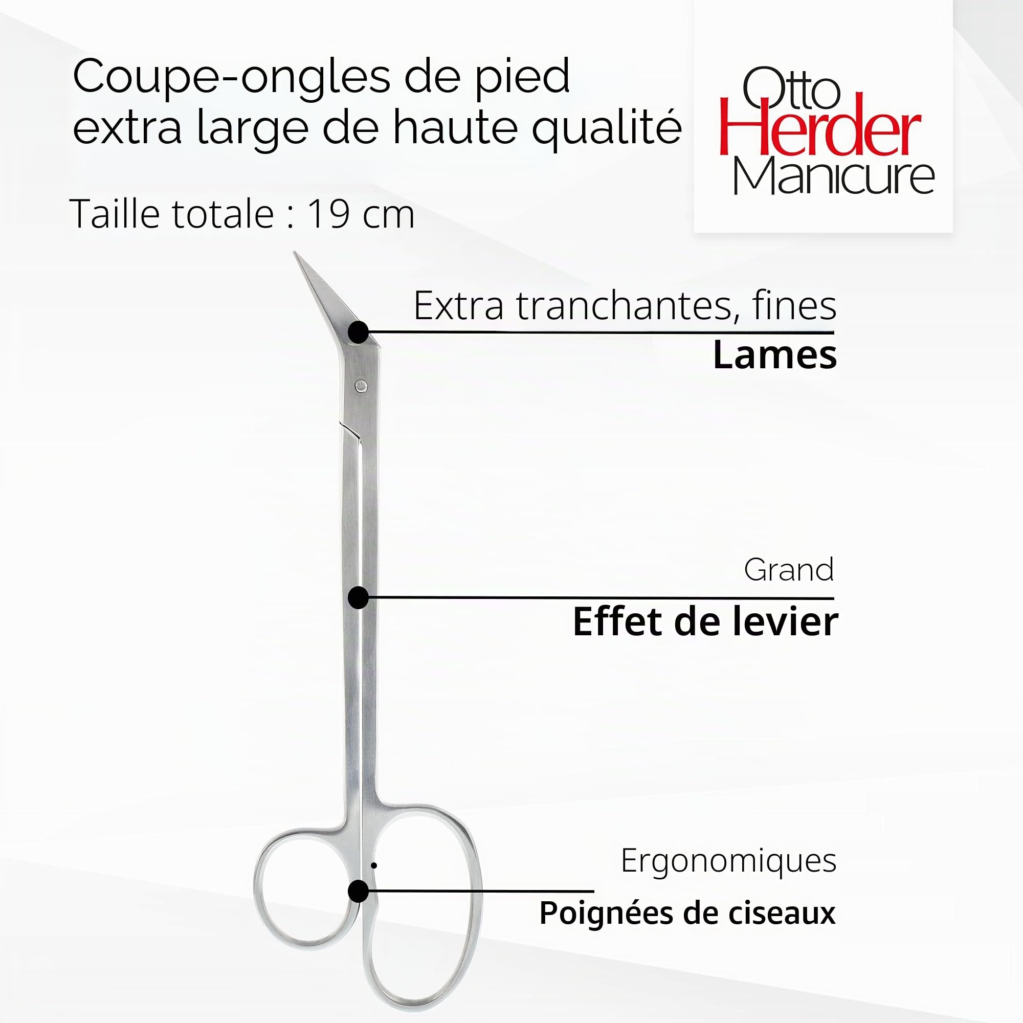 OTTO HERDER Ciseaux à ongles extra longs env. 19 cm pour personnes âgées en acier inoxydable – Ciseaux à ongles avec micro-dents unilatérales