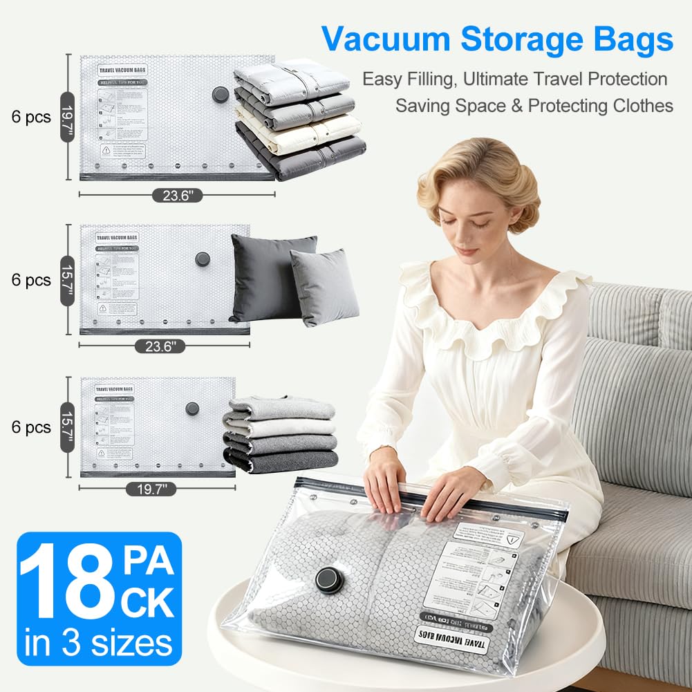 Paquete de 18 bolsas de sellado al vacío para ropa de viaje con bomba de aire eléctrica inalámbrica, 6 bolsas grandes + 6 medianas + 6 pequeñas, reutilizables para ahorrar espacio para equipaje y