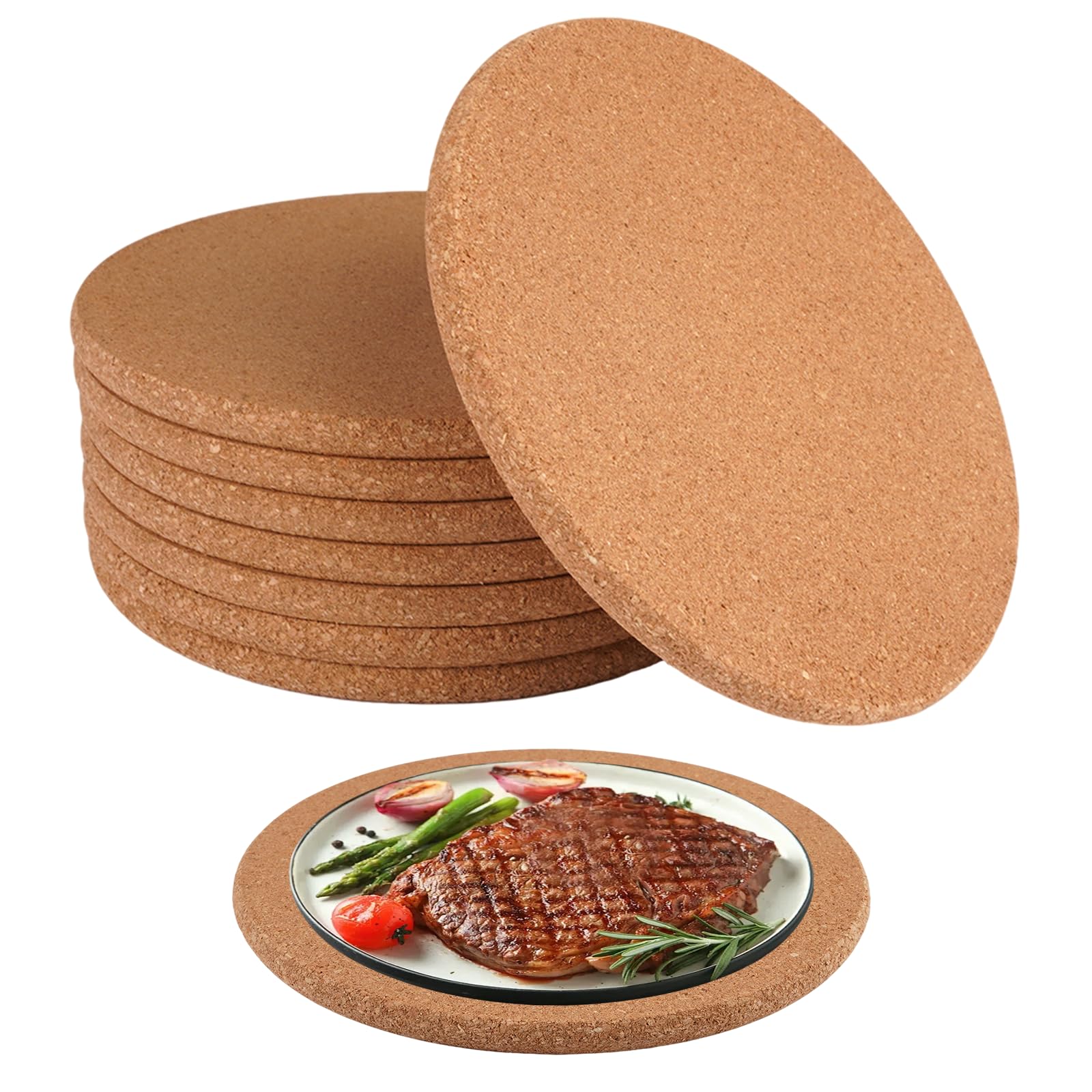8 Piezas Salvamanteles de Corcho, 19 cm de Diámetro y 1 cm de Grosor, Posavasos de Corcho Redondo, Resistentes al Calor, Reutilizables, para Ollas, Plantas, Vasos, Floreros y Cuencos