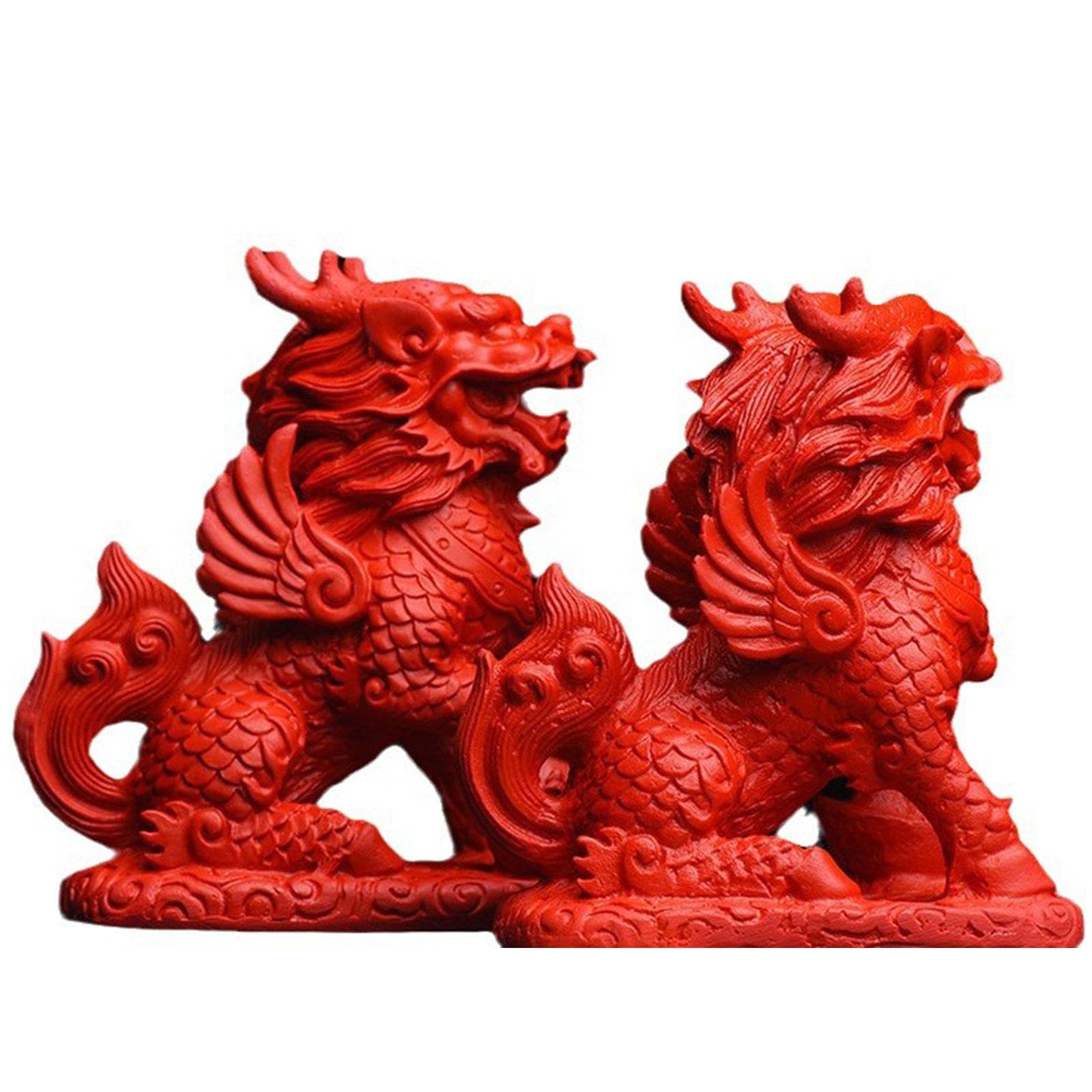 Feng Shui Set di Due Statue di Cinabro Rosso Chi Lin/Kylin Ricchezza Prosperità, Decorazione per La Casa Attira Ricchezza e Buona Fortuna