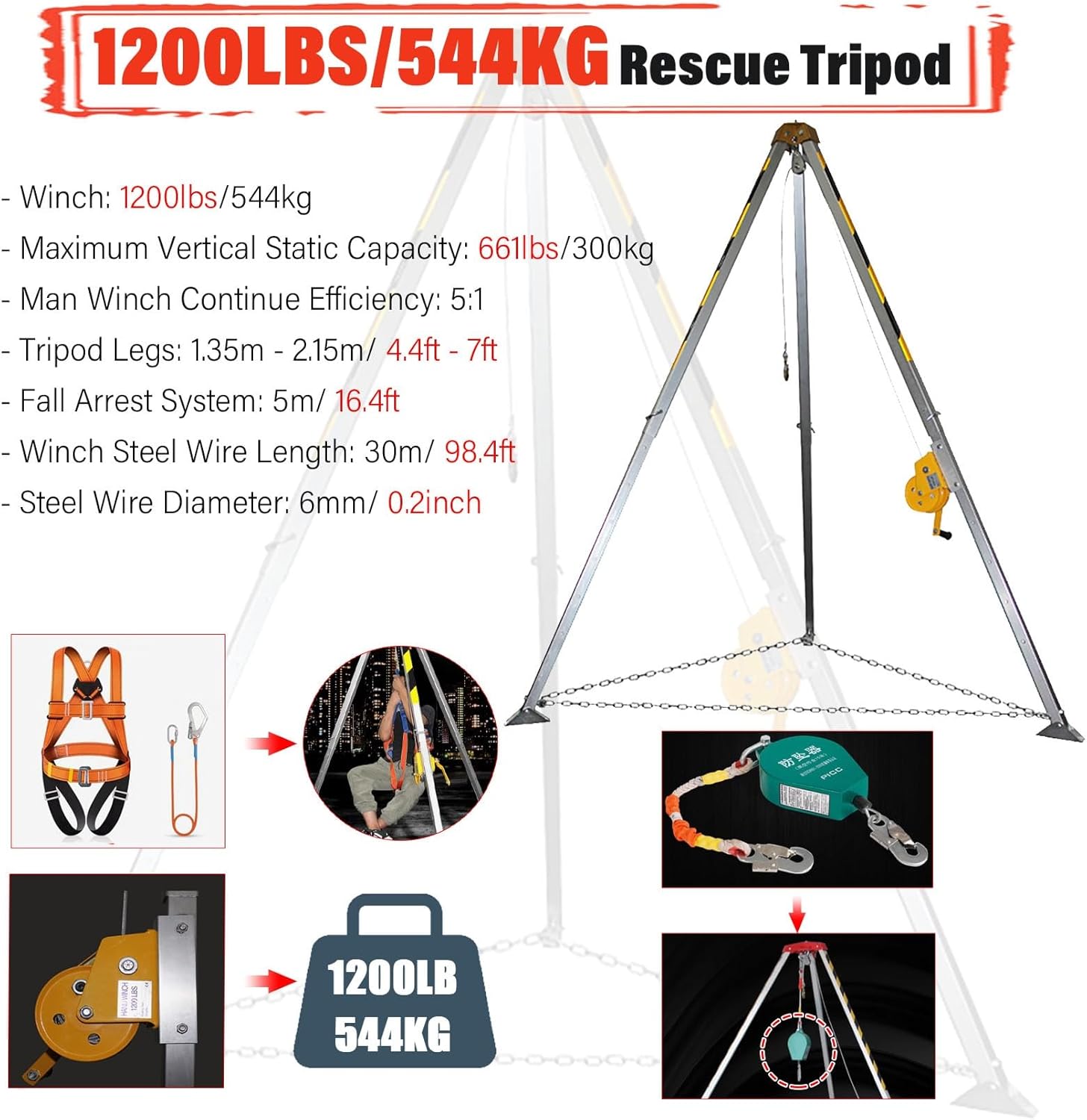Fall Arrest Kits,Heavy Duty Confined Space Tripod for Traditional Well Vertical Entry, Aluminum Rescue Tripod Equipment/Manhole Doupot Stabilizer for Hanging Firefighter, with Iron Chain &