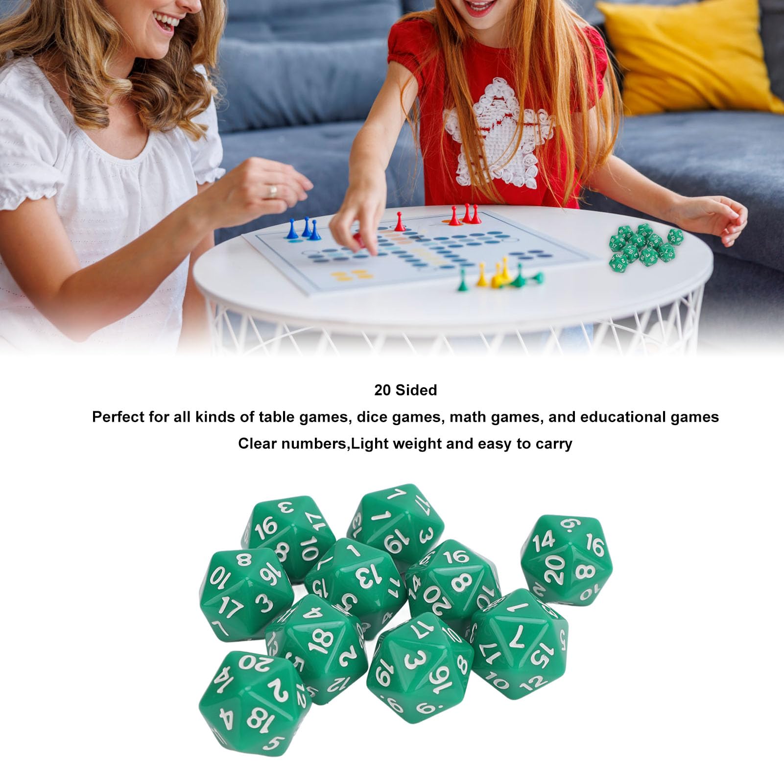 Bewinner Zestaw Lekkich Kości Wielościennych z Tworzywa Sztucznego do Gier RPG, 20-stronne Trwałe Kości dla Miłośników Gier, 10 szt. (GREEN)