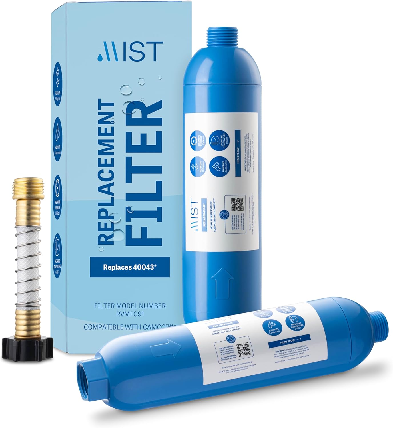 Mist RV Water Filter - Replacement for Camco RV Inline System, 40043 with Flexible Hose Protector for Reducing Sediment, Bad Taste, Odors, Chlorine, Lead (3 Pack)