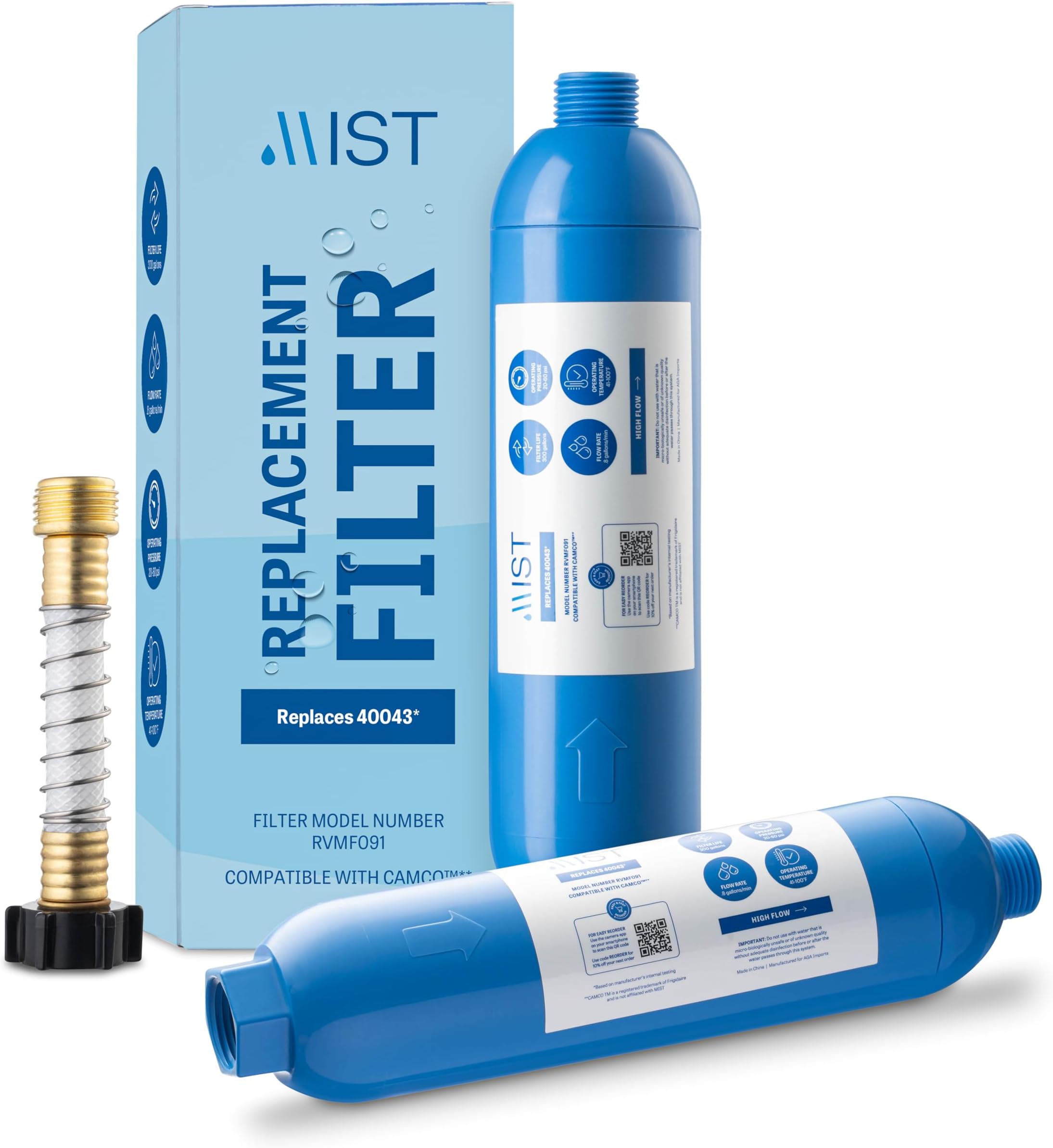 40043 Replacement for Camco RV Inline Water Filter 40043, 40013, 40041, with Flexible Hose Protector. Reduces Bad Taste, Odors, Chlorine, Lead and Sediment, 2 Pack