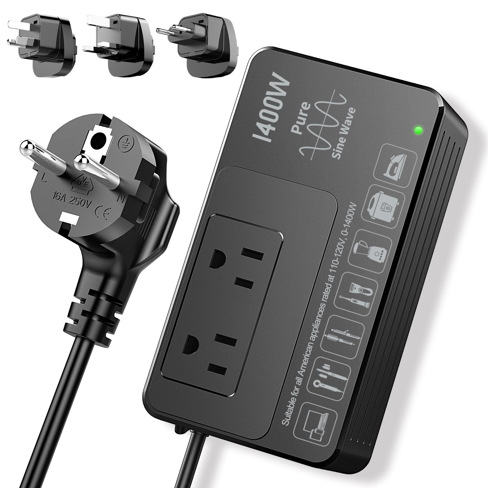 BONAZZA Step Down Voltage Converter 220V to 110V for Powering Any American Appliances up to 1400W Overseas, Like Hair Dryer, Straightener, Coffee Maker, Worldwide Plug Adapter US to EU, UK, AU, Asia