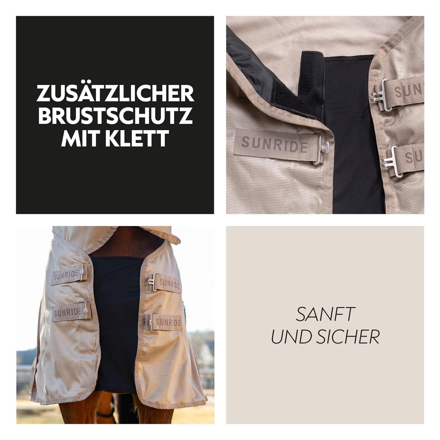 SUNRIDE Fliegendecke für Pferde (Kuba) - mit festem Halsteil - Gehfalte - Schutz für empfindliche Brust - elastische Einsätze - mit UV-Schutz - Bauchlatz und Beingurte verstellbar - braun (105 cm)