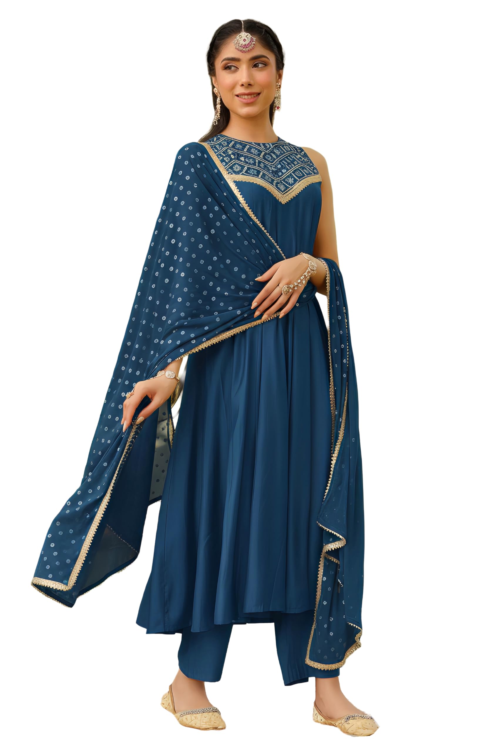 janasya Women Teal Blue Chanderi Silk Embellished Anarkali Kurta Set With Dupatta-picture-52